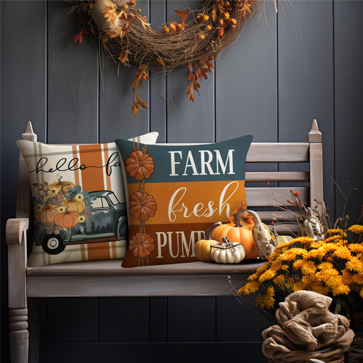 MODOVOS Fall Striped Mason Jar Pumpkin Throw Pillow Covers Thanksgiving Farmhouse Decorations Maple Leaf Outdoor Fall Decor Pillow Covers 18x18 Set of 4 Harvest Autumn Cushion Case for Sofa Couch