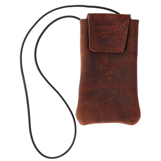 Boston Leather Textured Bison Leather Eyeglass Case with Neck String, Dark Pecan