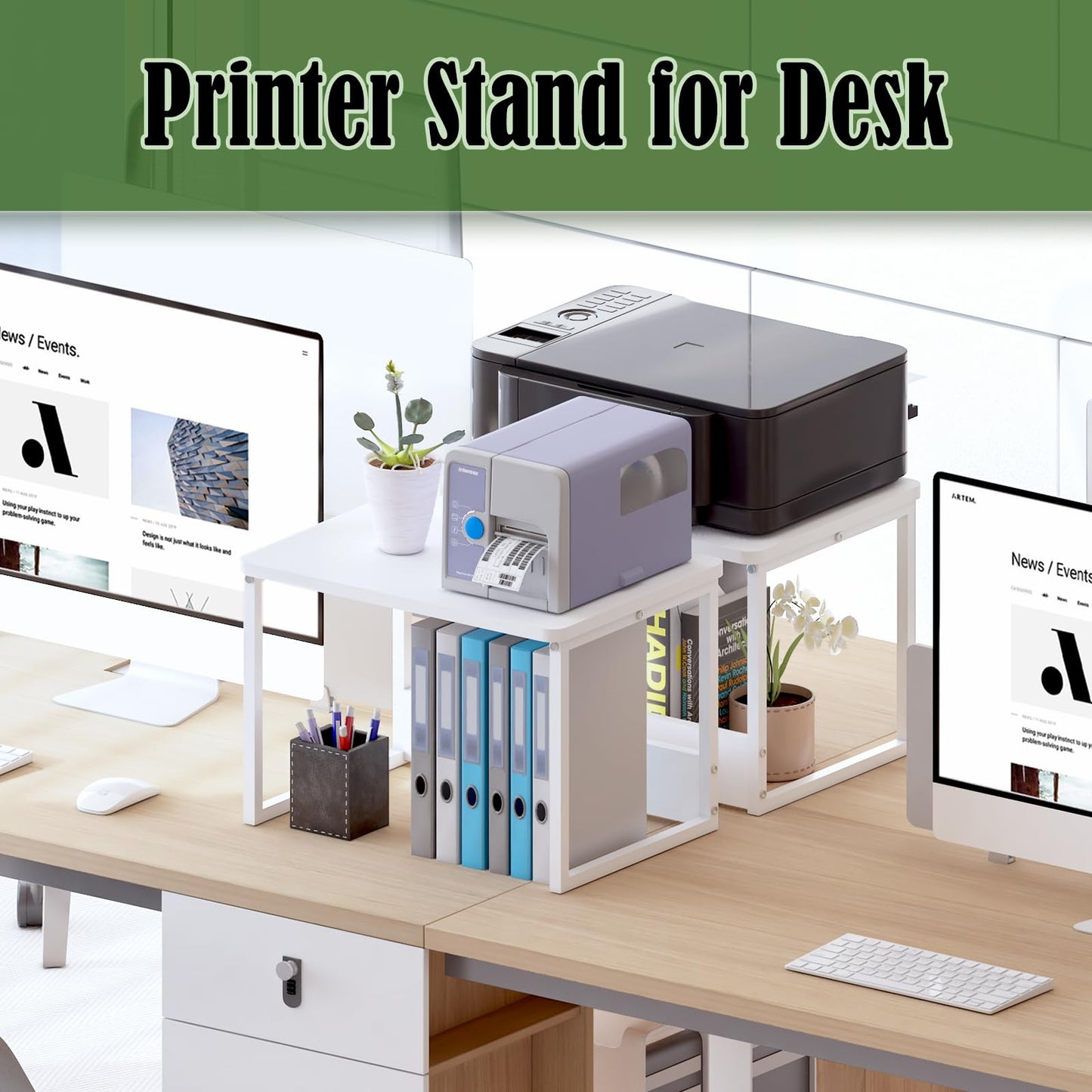 MARTY Desktop Printer Stand 2 Pack Printer Stand with Storage for Desk, Shelf Organzier for Home/Office Printer Riser Under Desk Small Table for Printer Fax Machine Scanner(White)