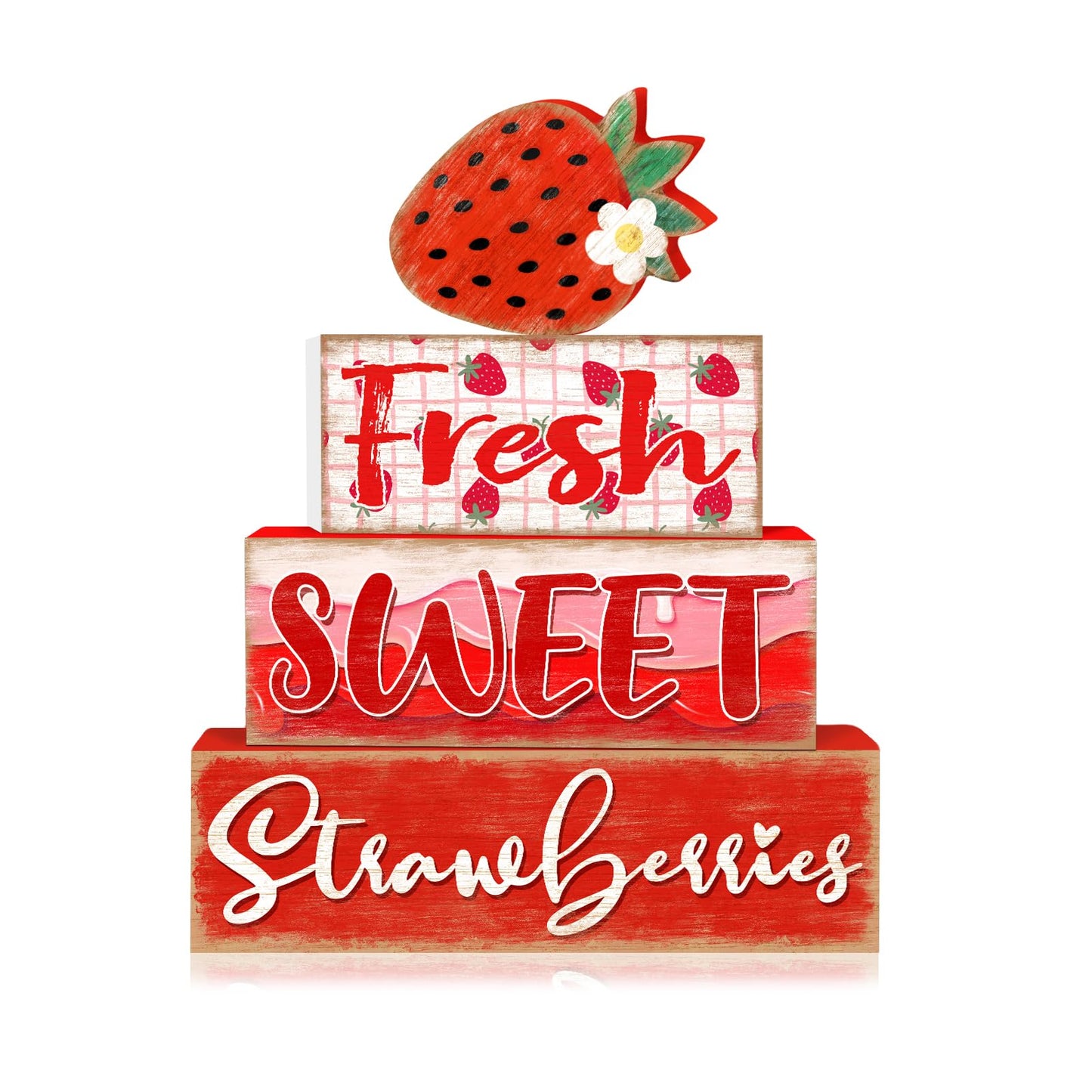 Britimes 4 Pcs Strawberry Decor Summer Wooden Tiered Tray Set, Strawberry Table Décor Farmhouse Rustic Wooden Coffee Table Centerpieces for Home kitchen Office Decorations (Strawberry Style)