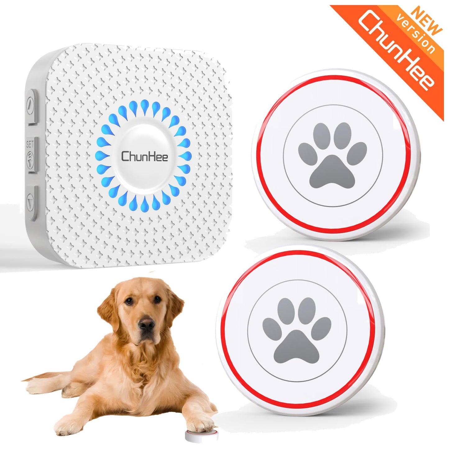 ChunHee Smart Dog Door Bell Wireless Puppy DoorBell for Potty Training, Dog Bells to go Outside, Bells for Dogs to Ring to go Potty, 2 Dog Buttons [New 2025]