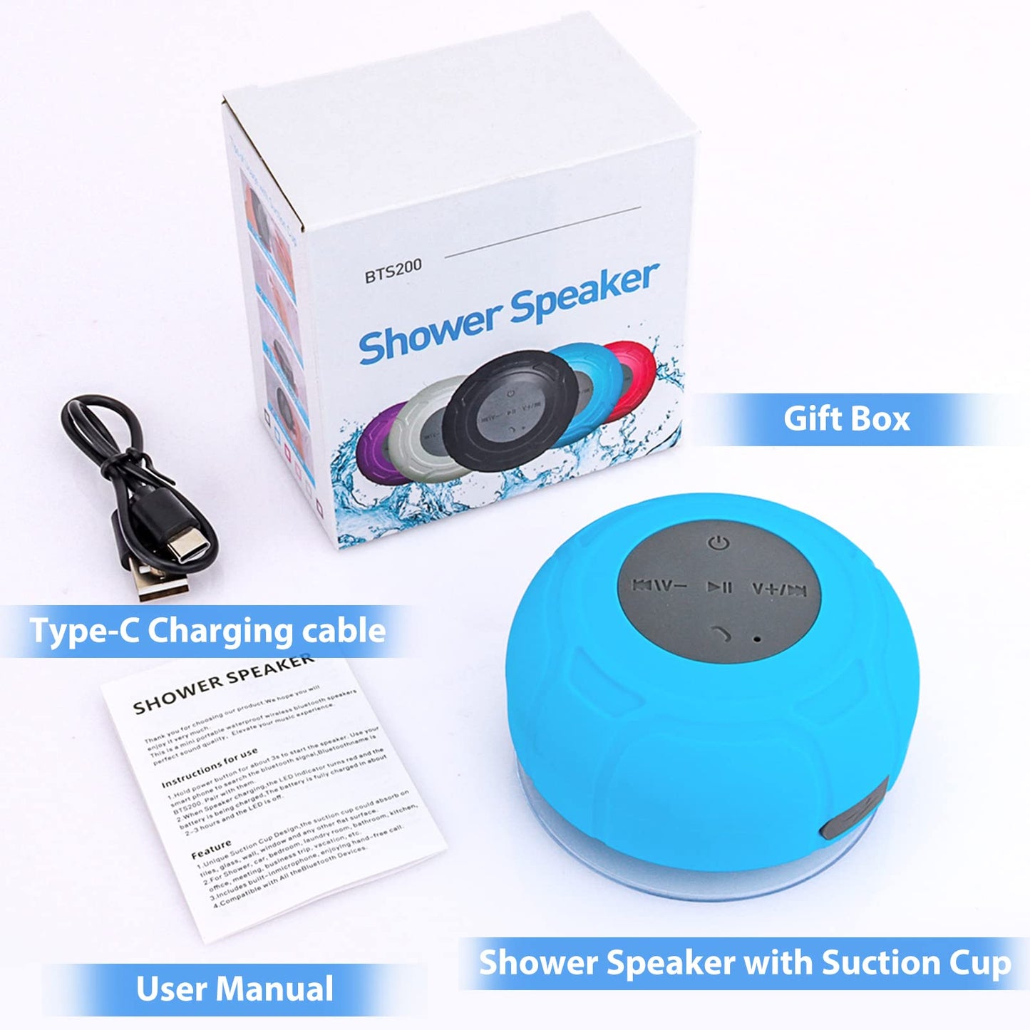 Annlend Bluetooth Shower Speaker Waterproof Wireless Mini Small Cute Portable Water Resistant Bathroom Speaker Suction Cup, Handsfree Speakerphone with Built-in Mic,4hrs of Playtime - Blue