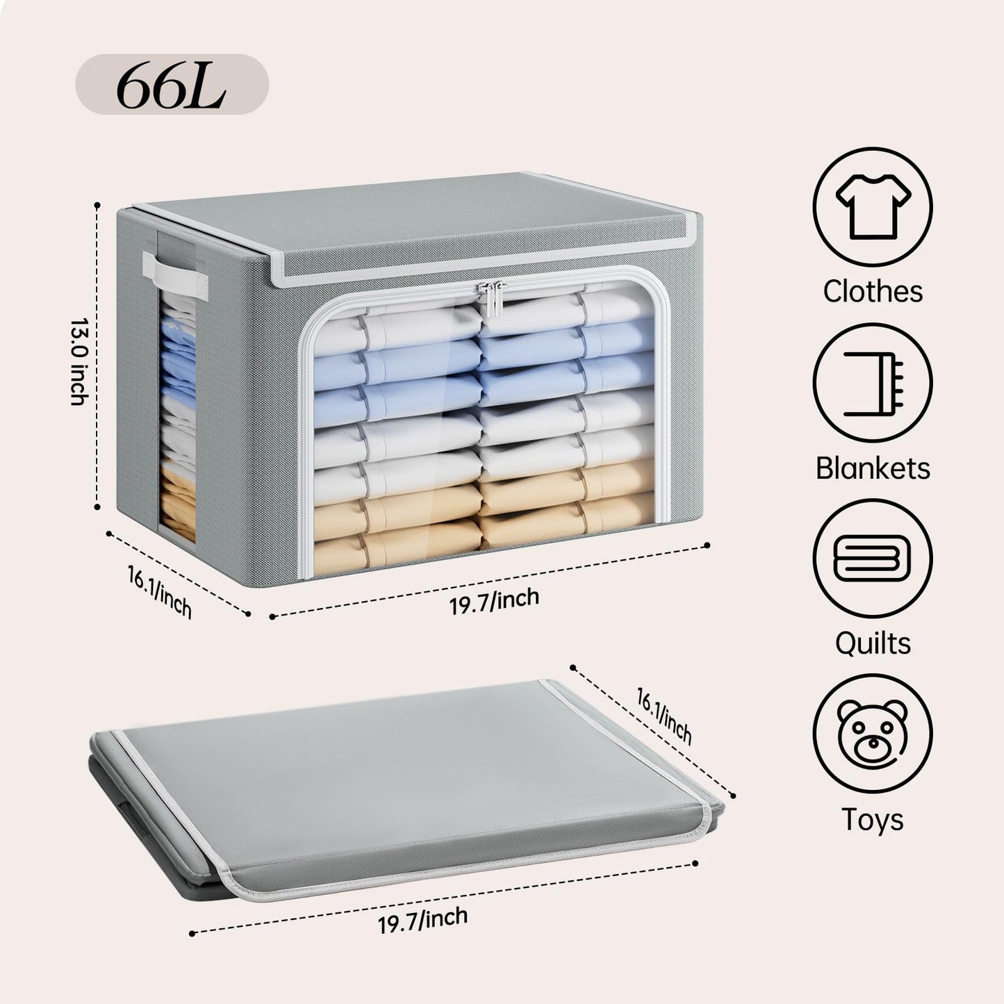 Yecaye Clothes Storage Bins with Metal Frame, Foldable Clothing Storage Bin with Lid, Stackable Oxford Fabric Organizer Box With Clear Window & Zippers & PU Leather Handles (3 Pack,Grey,66L)