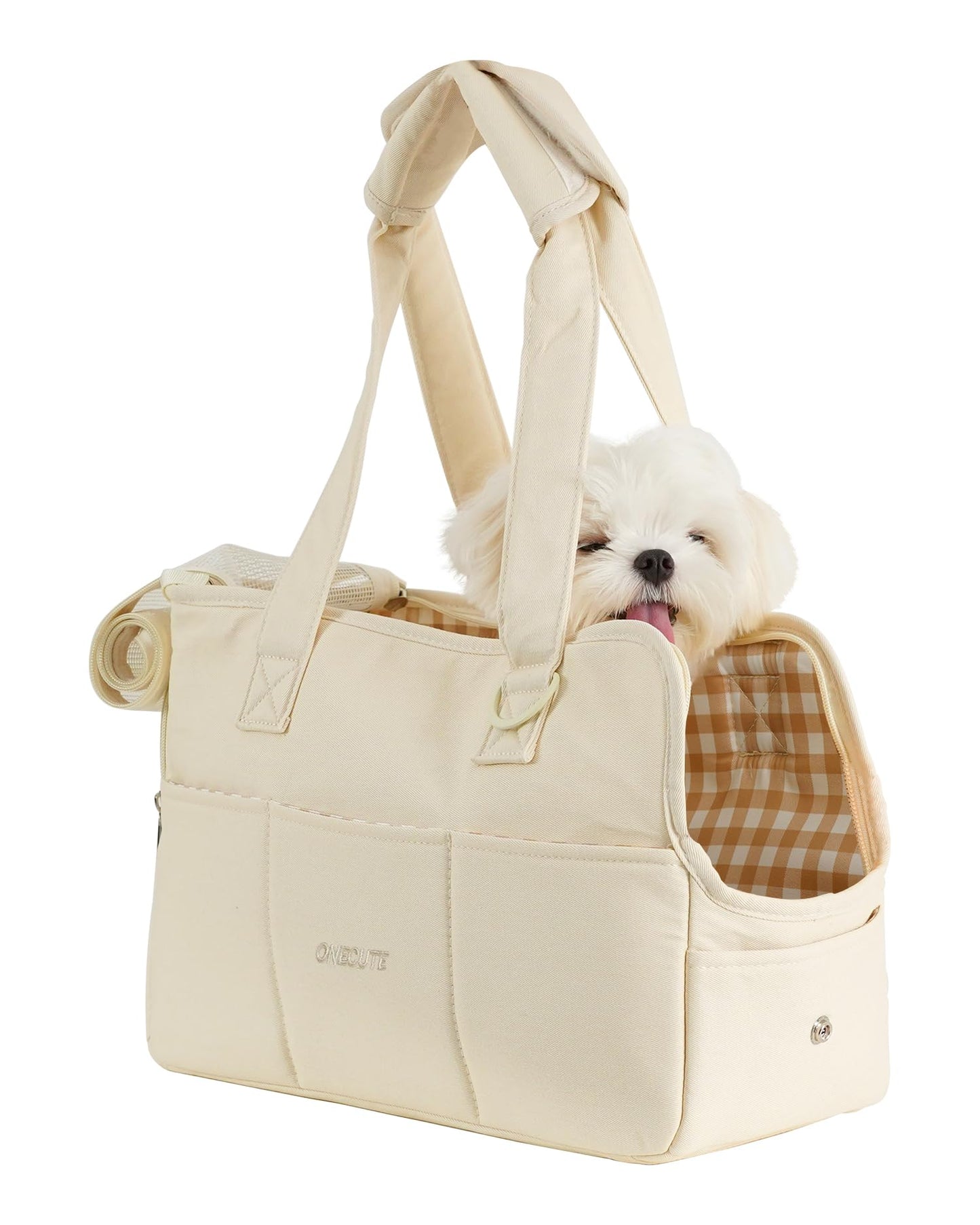 ONECUTE Dog Purse Carrier for Small Dogs Rabbit cat with Large Pockets, Cotton Bag, Dog Carrier Soft Sided, Collapsible Travel Puppy Carrier (Beige, 13.6" L x 6.5" W x 10" H)
