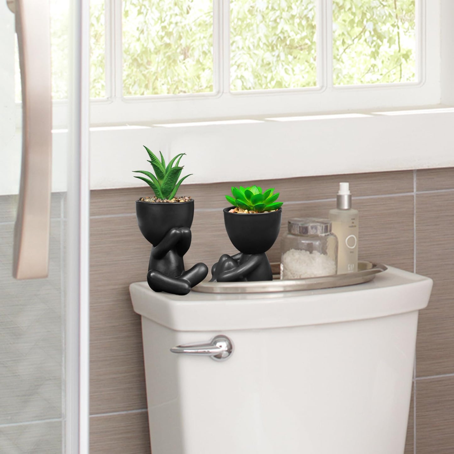 SEMSOIIO Pack of 4 Black Cute Fake Plants, Artificial Succulent Plants with Creative Human Shaped Pots,Mini Potted Desk Plants for Office Bathroom Shelf Cubicle Home Decor (Matte Black)