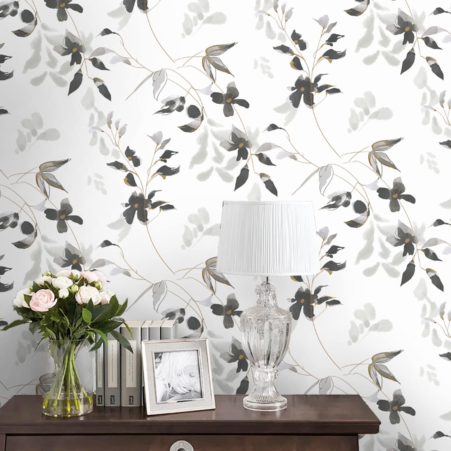 HeloHo Black and White Peel and Stick Wallpaper Boho Floral Wallpaper Leaf Self Adhesive Removable Wall Paper Waterproof Contact Paper for Bathroom Living Room Bedroom Cabinets Decor 15.35" x 118"