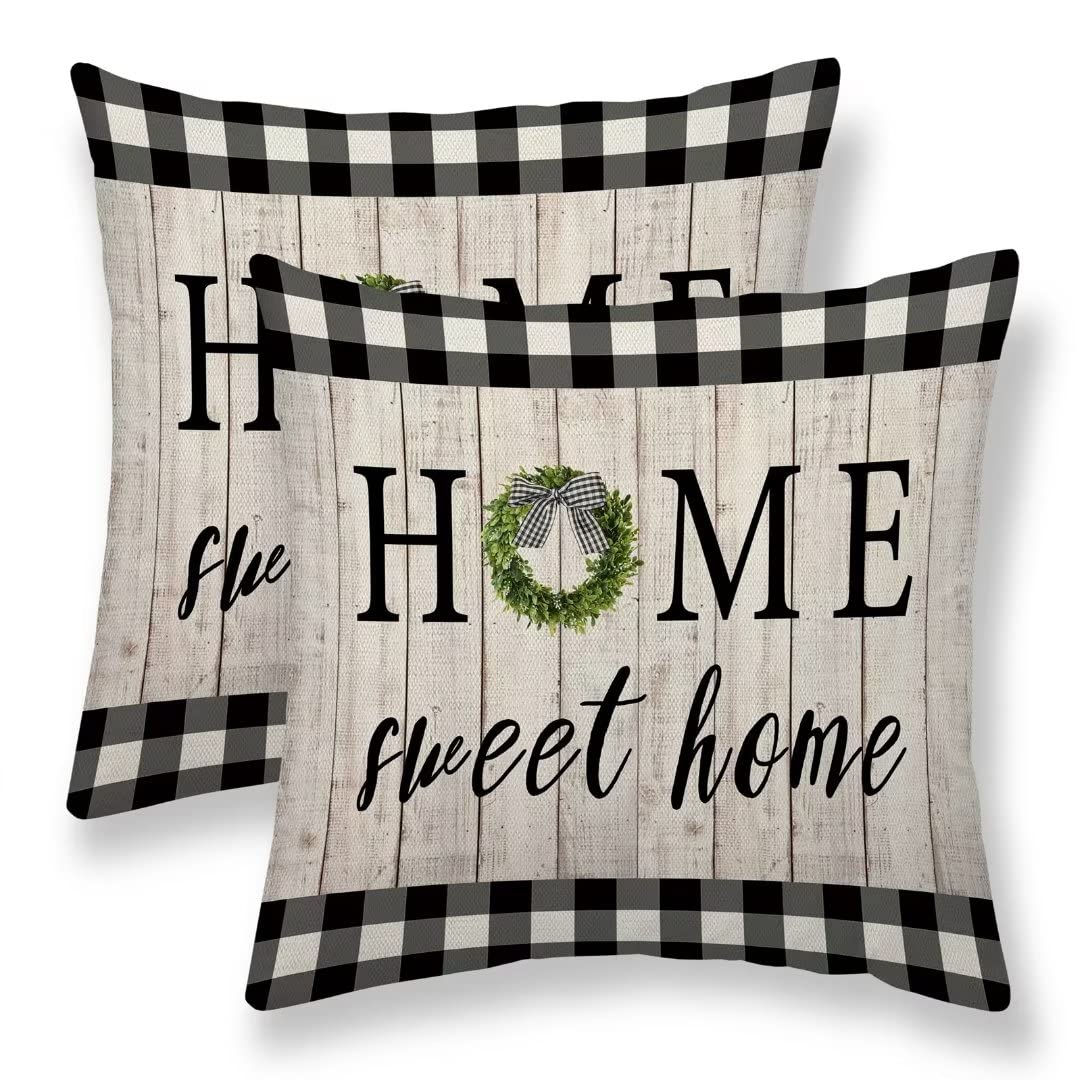 Sunshineyan Spring Pillow Cover 20x20 Set of 2, Rustic Buffalo Plaids Wood Home Sweet Home Throw Pillow Covers Spring Wreath Farmhouse Decorative Linen Cushion Cases for Home Sofa Outdoor Decor