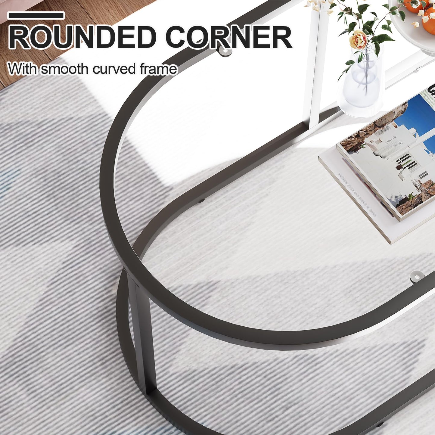 Wolawu Coffee Table Black Glass Coffee Tables for Living Room, Oval Table Center Table with Sturdy Metal Frame,Modern Tempered Glass Accent Tables for Bedroom Home Office