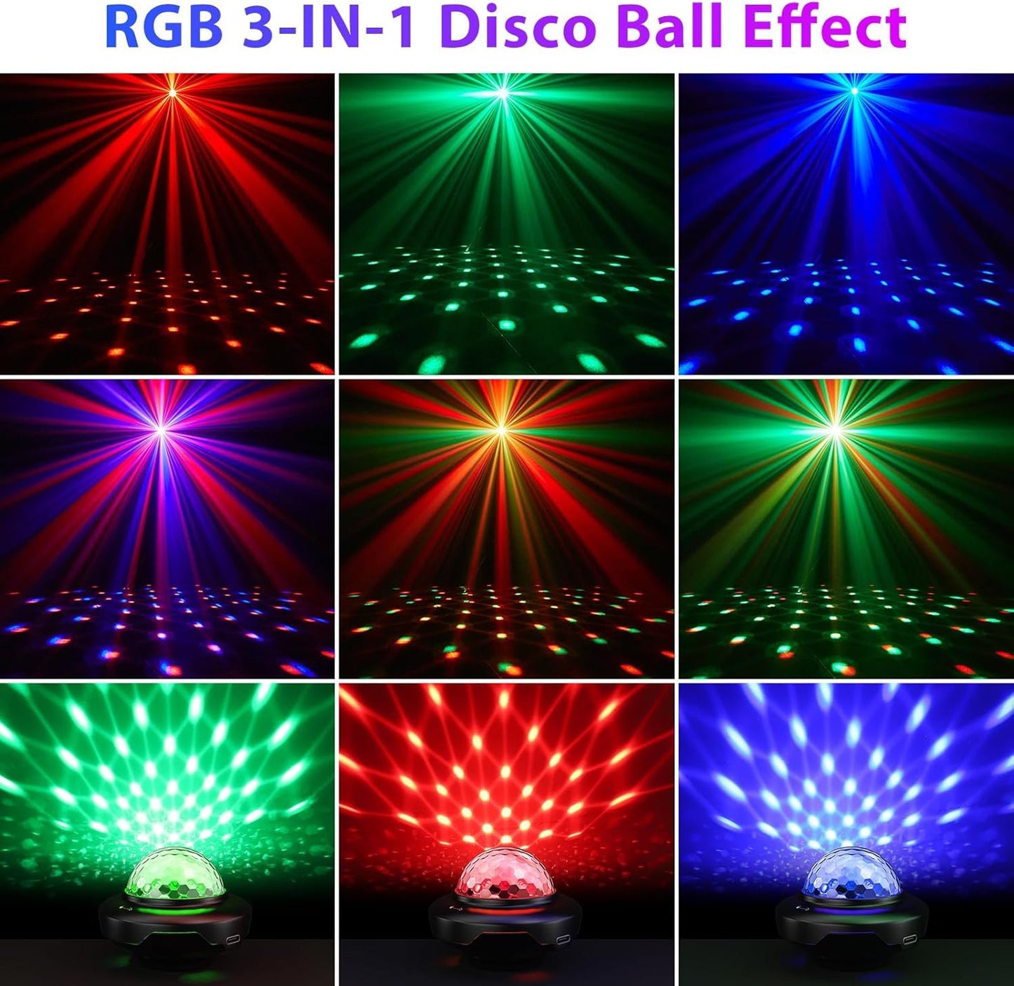 Battery Powered Disco Ball, Rechargeable Party Lights, Strobe Lights Sound Activated RGB LED Dj Lighting Uplights for Events, Party, Disco, Wedding, Bar, Stage, Dance, Room - 2 Pack
