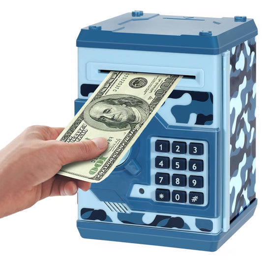 Adevena Electronic Piggy Bank, Mini ATM Password Money Bank Cash Coins Saving Box for Kids, Cartoon Safe Bank Box Perfect Toy Gifts for Boys Girls (Camouflage Blue)