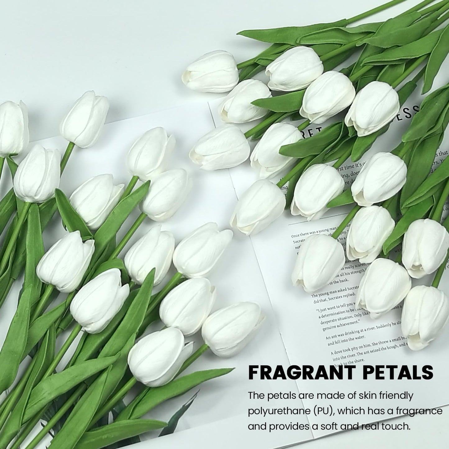 Subacy 30 PCS Artificial Tulips 13.5inch Long Fake Flowers Real Touch Tulips Silk Flowers for Spring Easter Mother's Day Decorations (White)