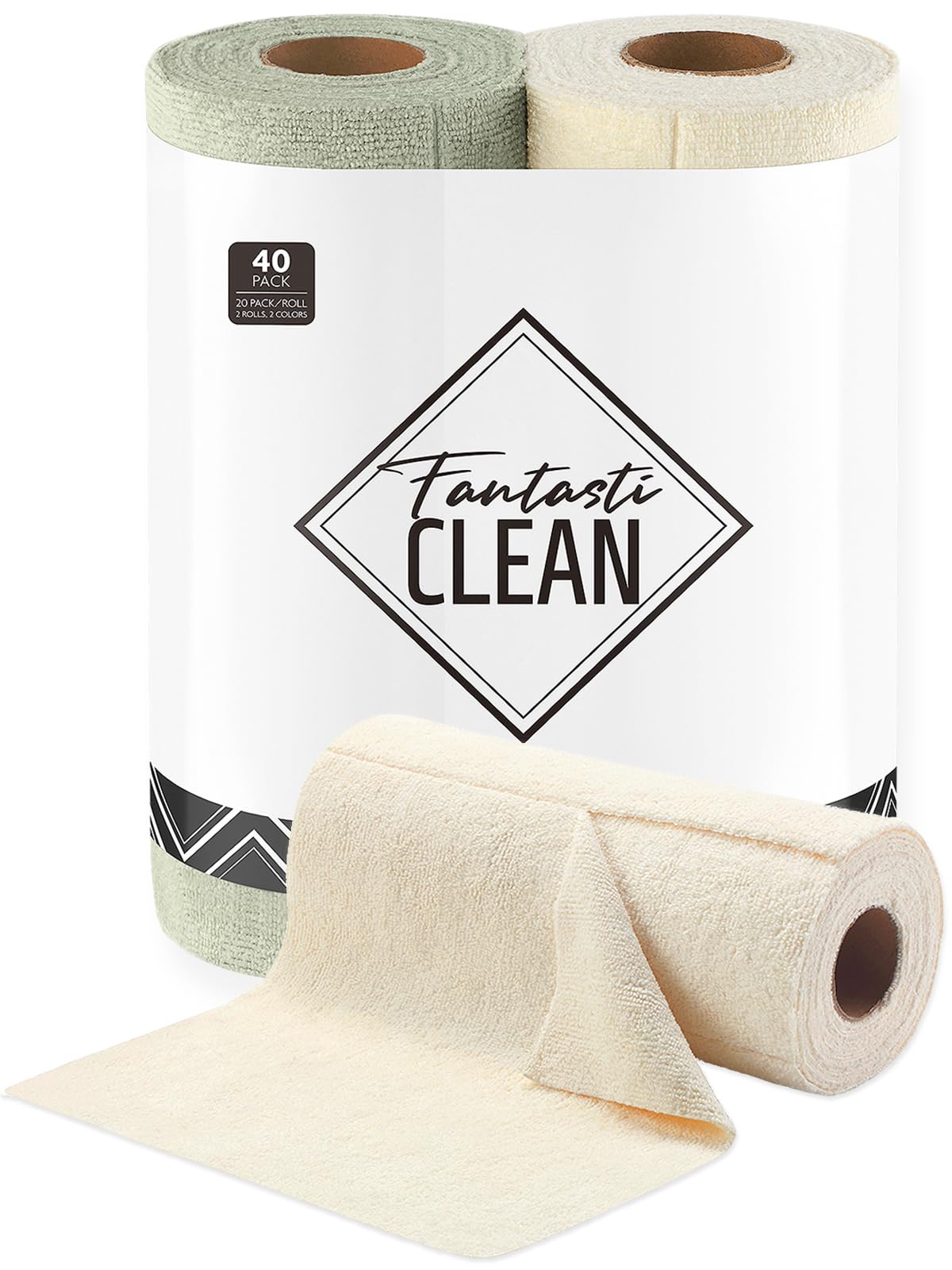 Fantasticlean Tear Away Dish Cloth - 40 Sheets - 10'' by 10'', Reusable Washable Kitchen Towel Rolls, Super Absorbent and Thick Microfiber Cleaning Cloths (2 Rolls of Beige and MossGreen)