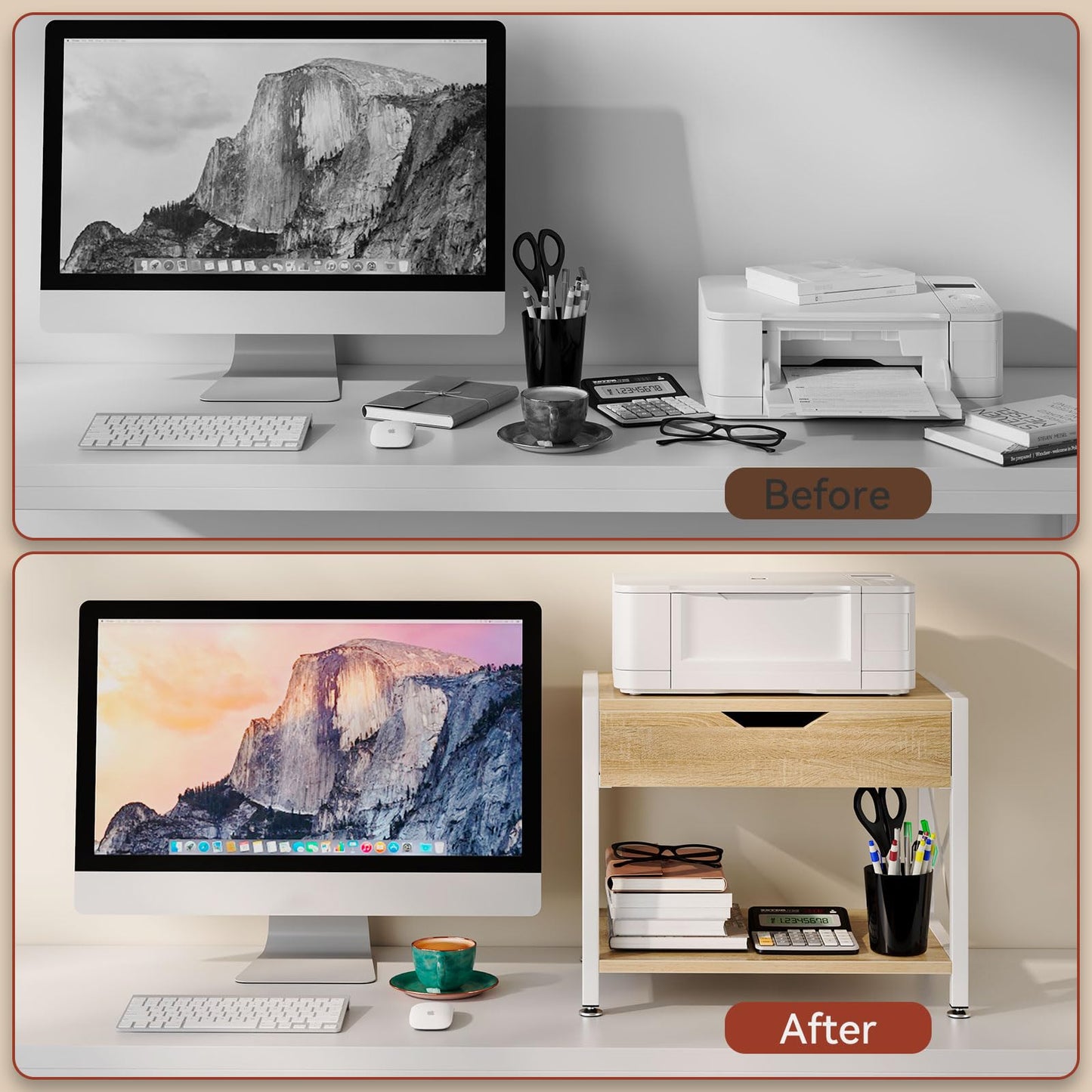 IBUYKE 2 Tier Desktop Printer Stand,Multi-Purpose Desk Organizer,Wooden Printer Stand with Drawer Storage for Folders,Books,for Fax Machine, Scanner,Home Office,Light Wood TLJ012R