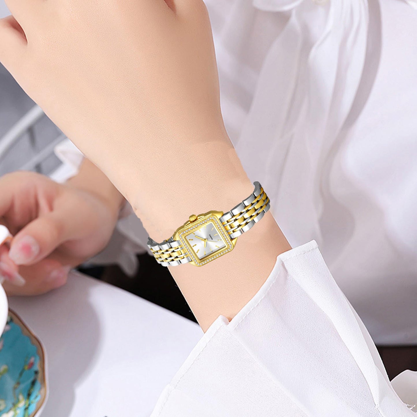 BESTKANG Luxury Golden Square Women's Watch - Retro Vintage Bracelet Diamond Waterproof Quartz Wristwatch, Elegant Small Dress Watch for Women (Two Tone White)