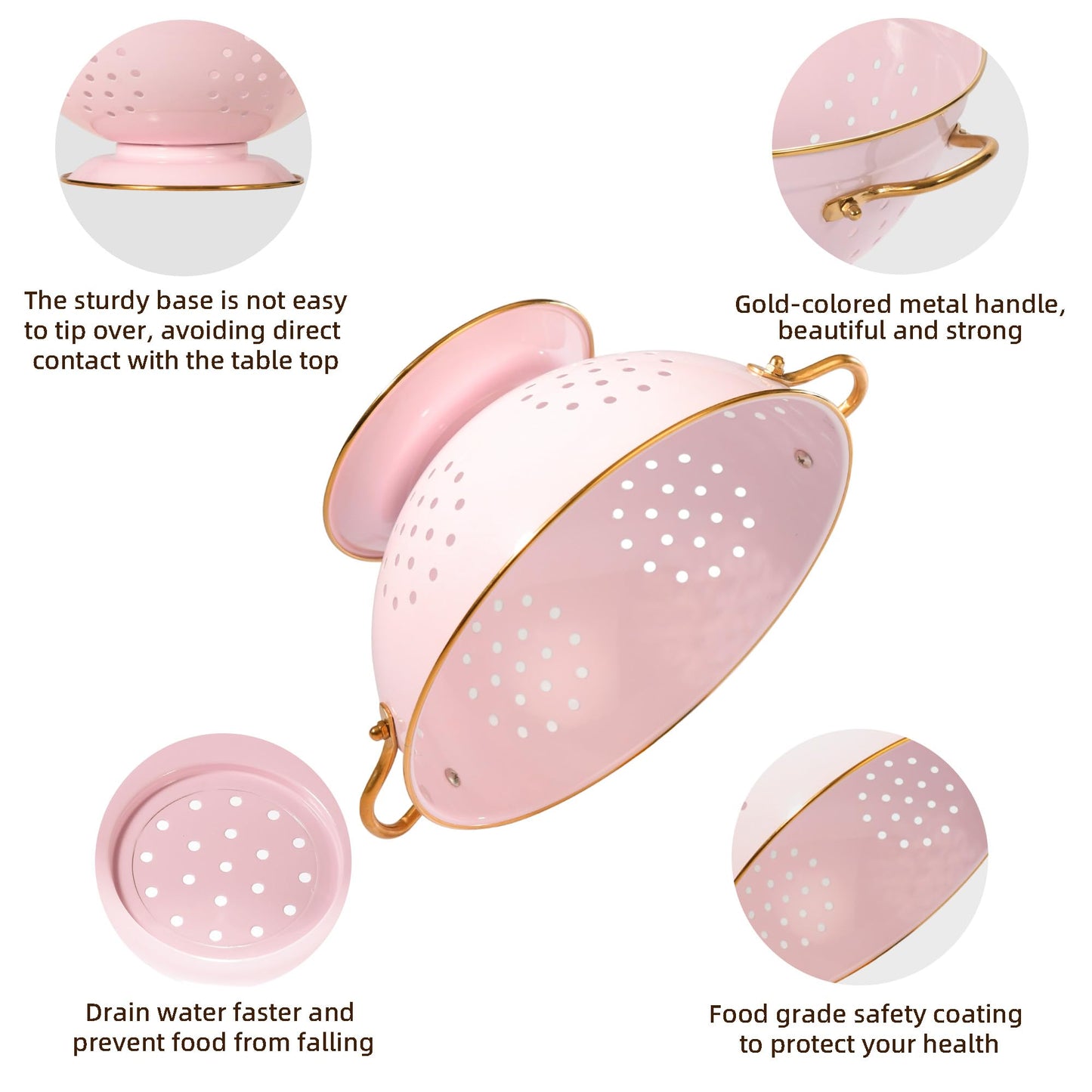 Metal Colander Set of 2, Strainer Basket with Handles 3.5 & 5 Qt Powder Coated Self-draining Solid Ring Base Metal Large Kitchen Colander Bowel for Pasta Vegetable Fruit (PINK)