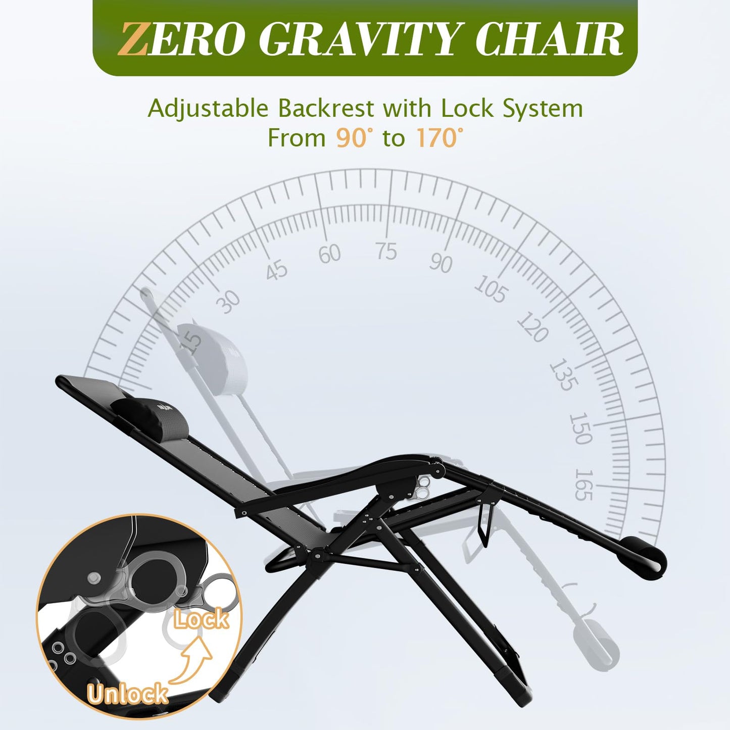 Oversized Outdoor Zero Gravity Chair with Removable Cushion, XL Folding Patio Reclining Lounge Chair with Tray/Footrest/Headrest for Indoor Camping Sunbathing Relaxing