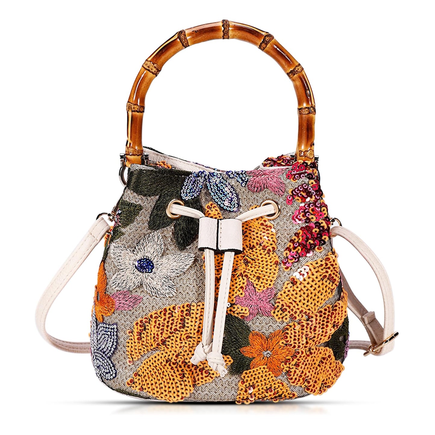 Crossbody Bags for Women, Beach Bag, Hand Embroidered Tot Bag, Bamboo carry handle Bucket bag, Bohemian Handbags Suitable for Vacation Travel Daily Matching