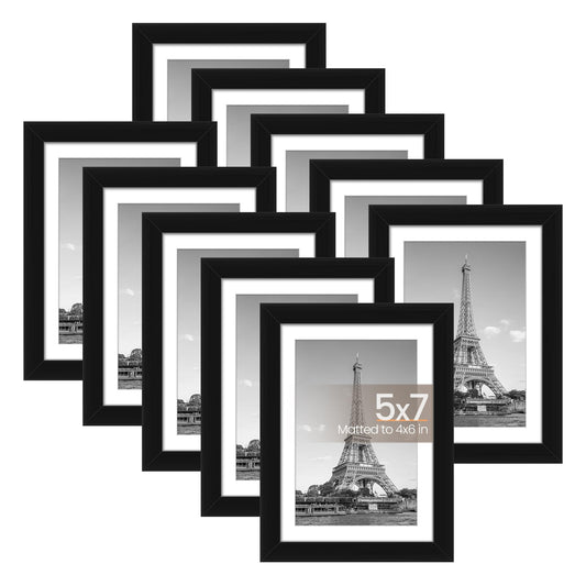 upsimples 5x7 Picture Frame Set of 10, Display Pictures 4x6 with Mat or 5x7 Without, Multi Photo Frames Collage for Wall or Tabletop Display, Black