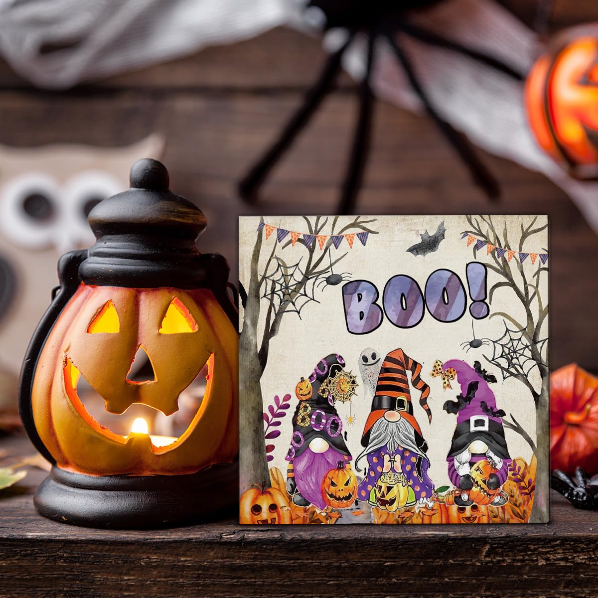 Halloween Decorations, Boo Gnomes Wooden Sign Decor Desk Sign Spooky Pumpkins Wooden Block Sign Halloween Home Decor for Table Shelf 5 x 5 Inch