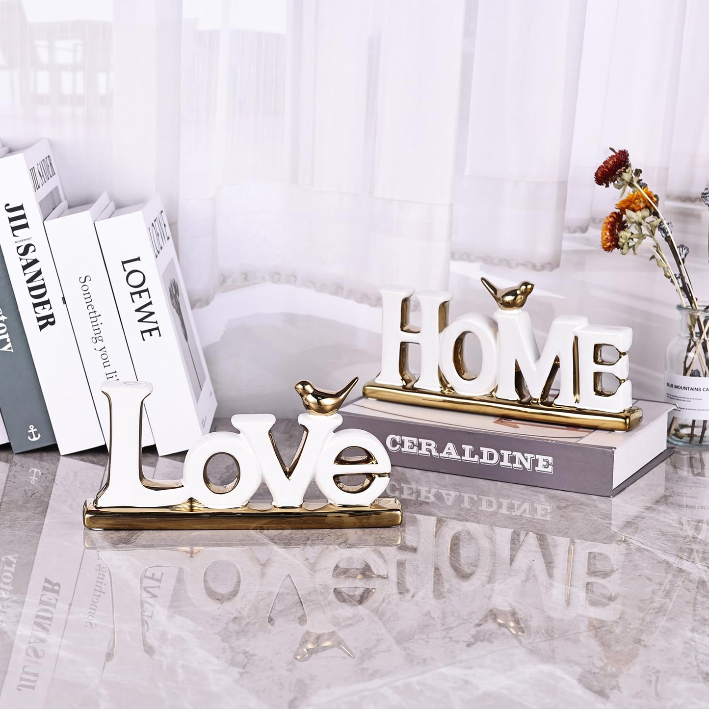 Love Sign Decor,White and Gold Room Decor Aesthetic, Knick Knack Shelf,Gold Bird Decor, Boho Bookshelf ,Abstract Gold Statue ,For Living Room,Bedroom, Contemporary Tv Stand Decor set of 2 (2, White)
