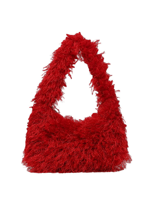 Verdusa Women's Faux Fur Fuzzy Hobo Bag Furry Handbag Purse Red one-size