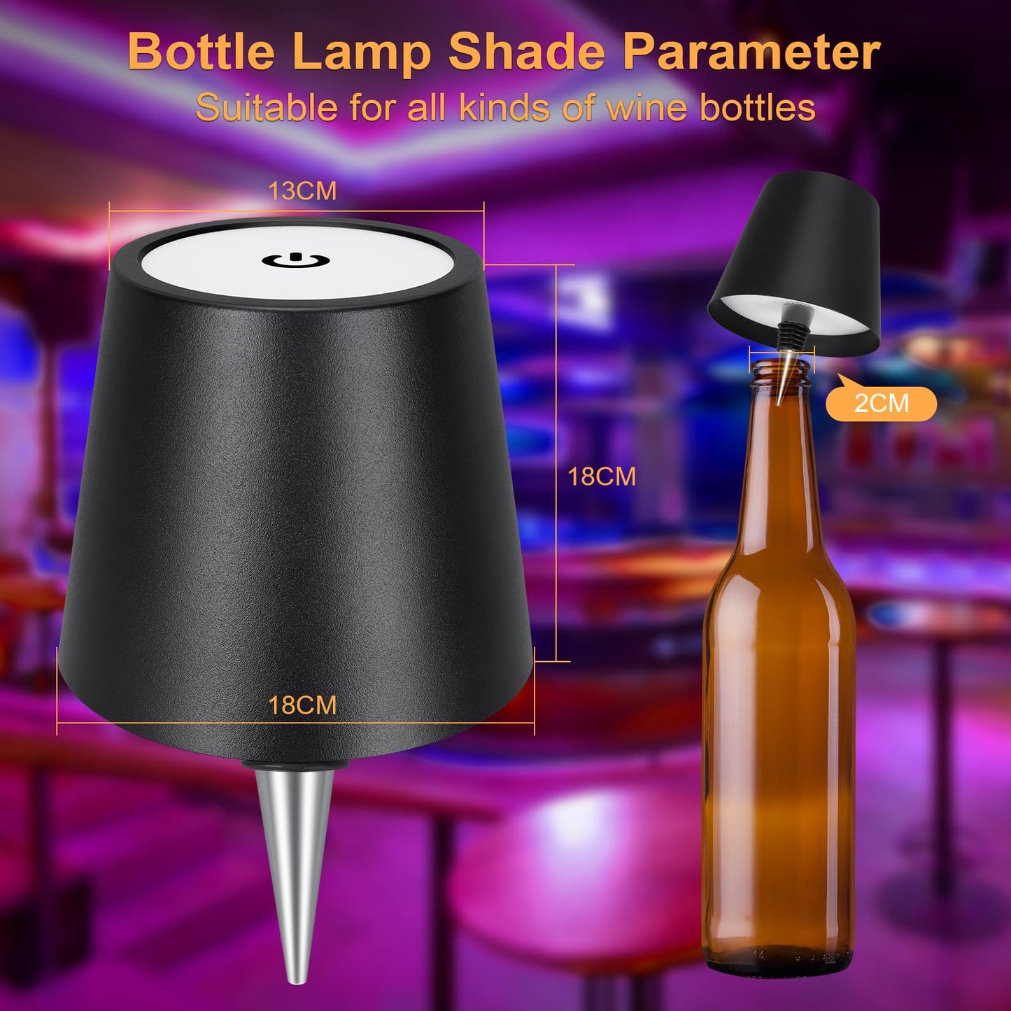 DUSKTEC Wireless Wine Bottle Lampshade, 8 RGB Light Modes, Light Temperature 3000-6500K, Rechargeable Touch Wine Bottle Lamp, Portable Wireless Bottle Lamp, Bar Lights, Party, Gift (Black, 2PCS)