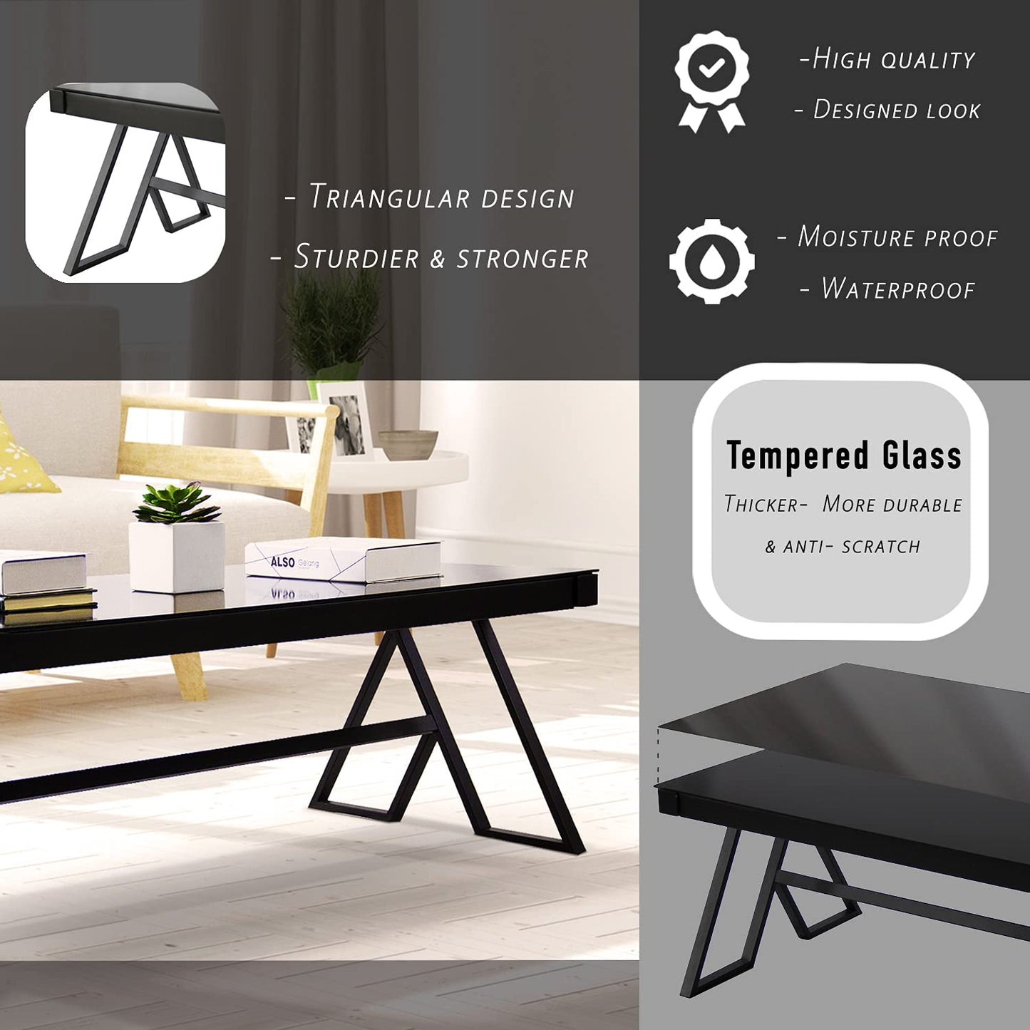 Jerry & Maggie Tempered Glass Tea Table Coffee Table Cocktail Desk Table - Modern Steel Triangular Legs Living Room Desk Decor - Anti Scratch Polished Surface Family Size Dinning Table, Black