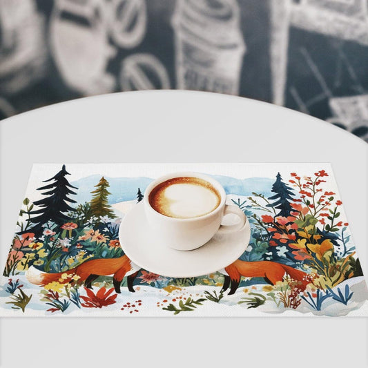 Fox Animal Placemats Set of 4 Winter Forest Landscape Fox Place Mat Machine Washable Place Mats for Dinner Table Mats 4 PCS
