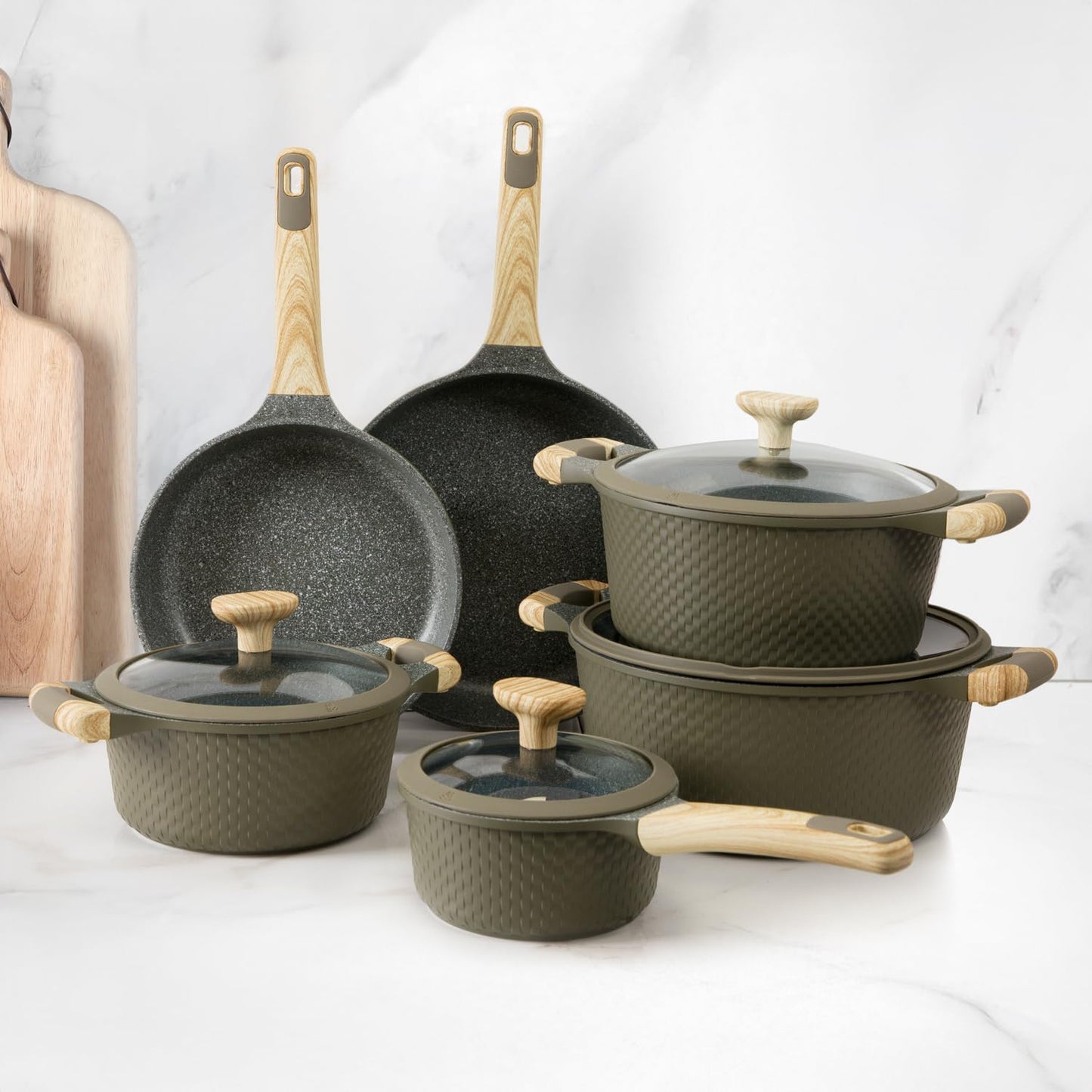 KASANOVA 10Pcs Cookware set, Die-cast Aluminum pots and pans, Nonstick frying pans and casseroles, Induction safe, PFOA-free (Green, 10 pcs)