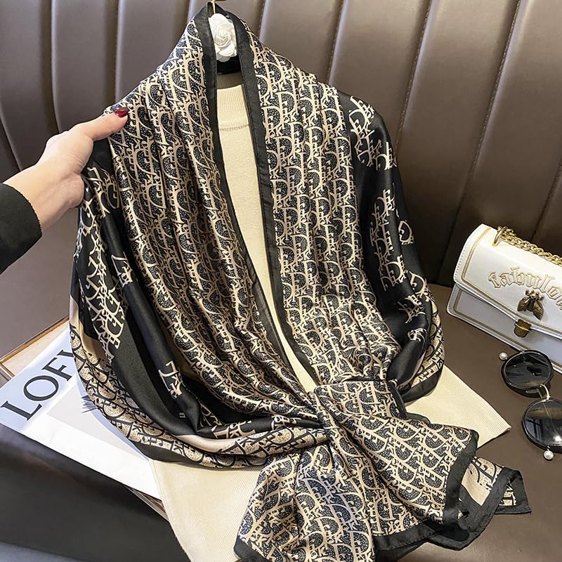 FairyCity Luxury Designer Silk Scarf, Black and Gold Pattern Monogram Print Square Shawl Wrap scarves