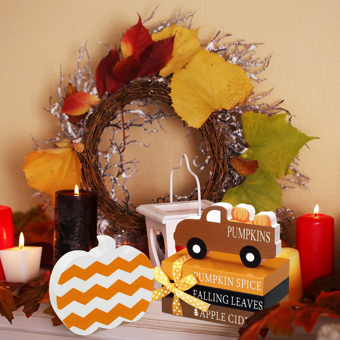 Blulu 5 Pcs Fall Decorations for Home Fall Tiered Tray Decor Thanksgiving Table Decor 3 Mini Faux Decorative Books Bundle with Twine Rustic Wood Pumpkin Truck Signs for Autumn Harvest Office Shelf