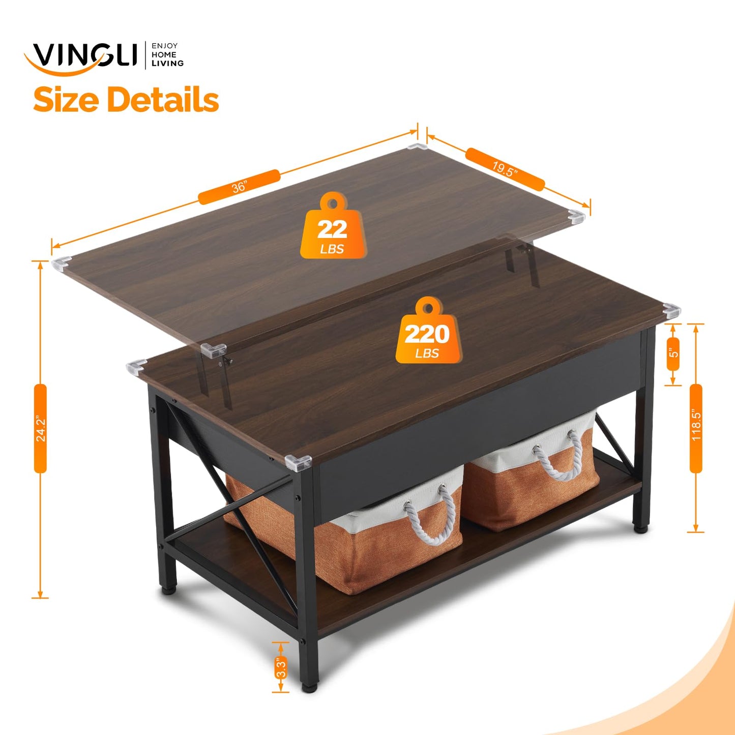 VINGLI 36" Lift Top Coffee Table with Storage, Rustic Espresso Coffee Table with Free Cloth Storage Bins for Living Room, Small Side Table for Small Space in Minimalistic Style, Espresso