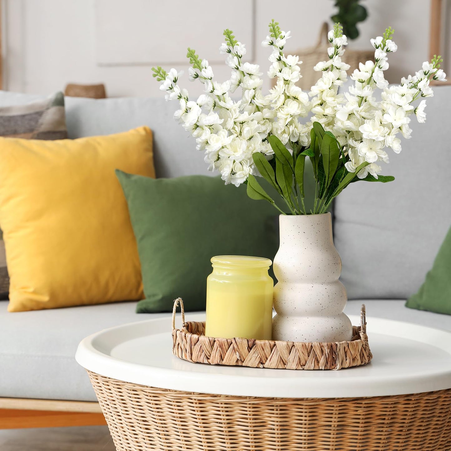 6PCS 36.2 inch Delphinium Artificial Flowers Larkspur Fake Flowers Long Stem Faux Silk Delphinium Flowers Bulk for Tall Vase for Home Wedding Floral Arrangement Centerpiece Table Decorations (White)