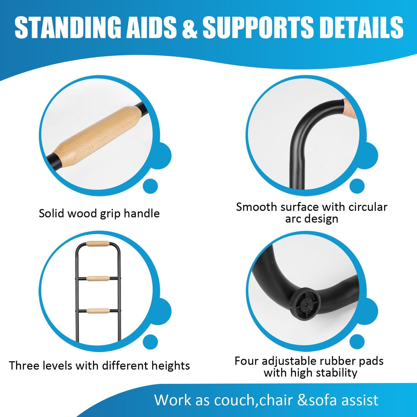 yeezoo Couch Stand Assist with Wooden Handles, Chair Sofa Stand sssist for Seniors, Standing aids & Supports Assist Devices for Elderly sit to Stand(400LBs Loading, 3 Heights, Matt Black)