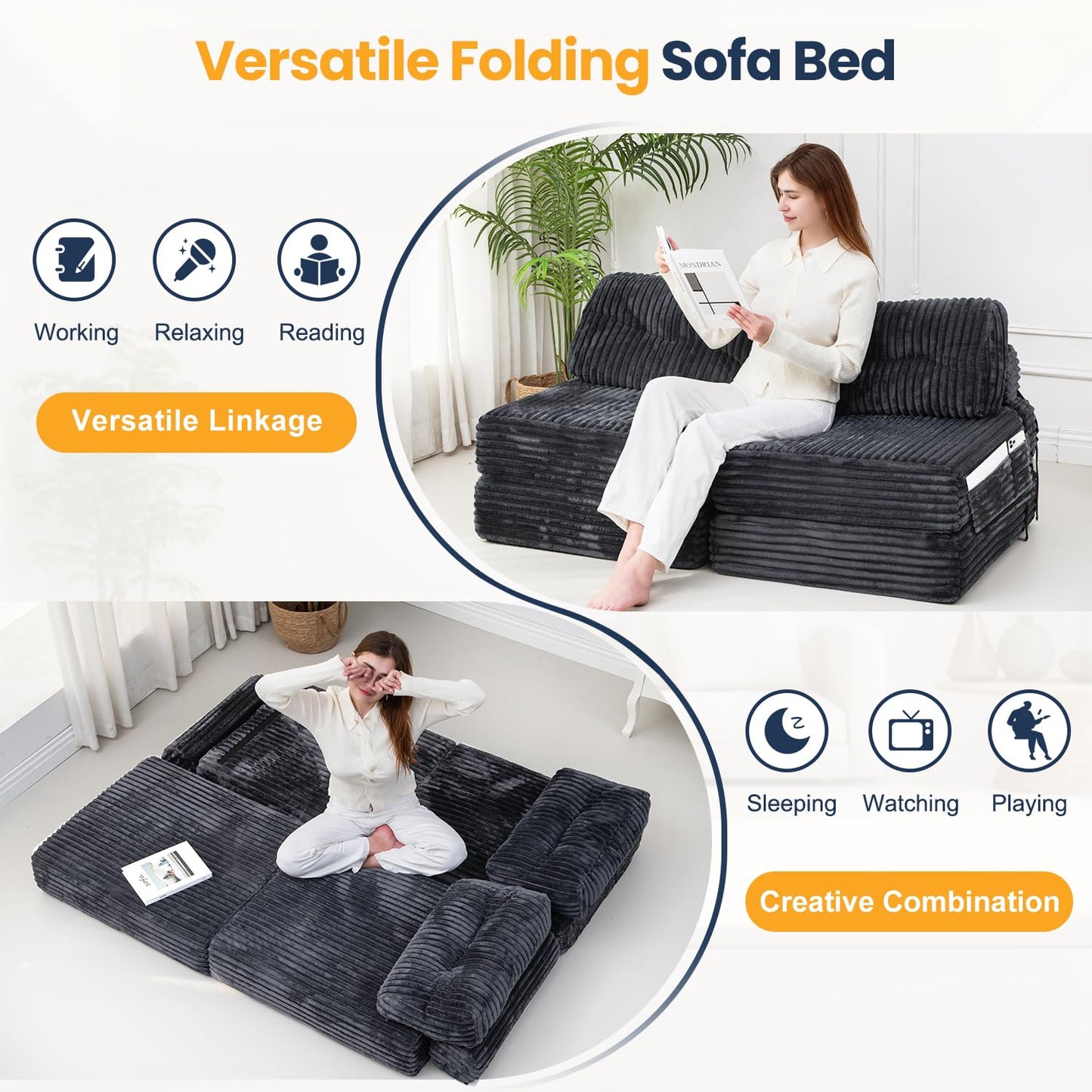 Domiqut 3 in 1 Folding Sofa Bed, Convertible Sleeper Chair with Pillow, Chair Bed with Back Support, Couches for Living Room, Foam Floor Mattress with Cushion, Single Size, Dark Grey