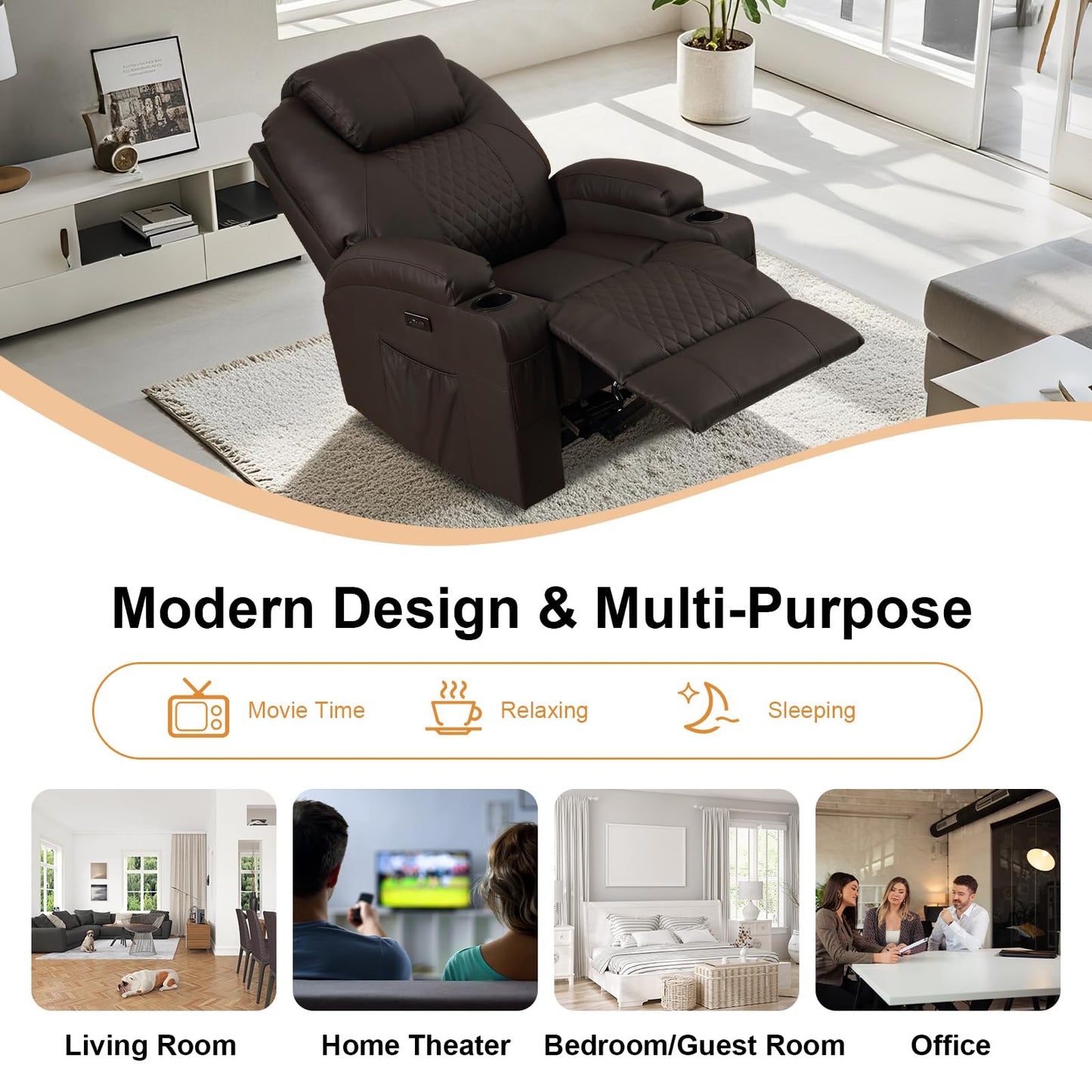 AHMED Power Recliner Chair with Vibration Massage & Heat for Adults, Faux Leather Home Theater Seating with Cup Holders/LED Lights/USB Ports/Side Pockets for Living Room (Brown, Single)