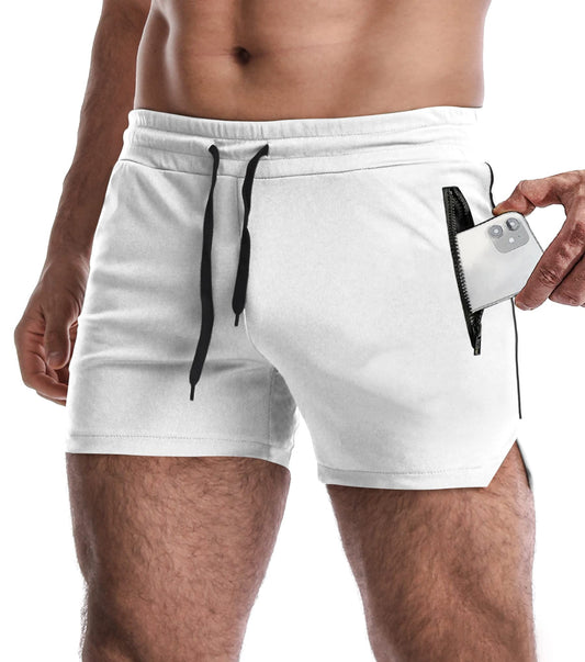 EVERWORTH Men's 3" Inseam Workout Shorts Quick Dry Gym Short Shorts Lightweight Athletic Shorts for Men with Liner and Zipper Pockets White US L
