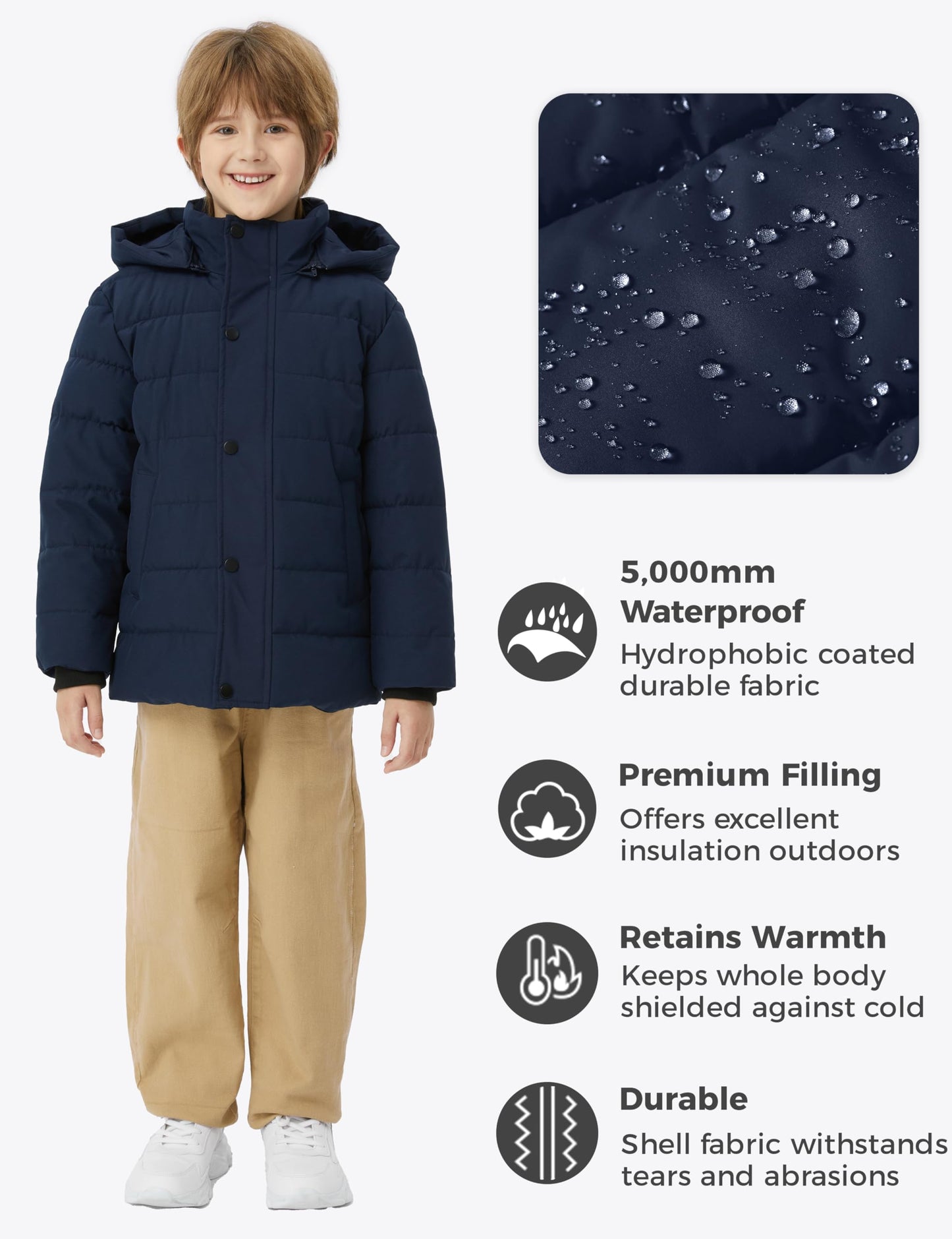 wantdo Boys' Warm Winter Coat Waterproof Puffer Jacket with Hood Navy 10-12