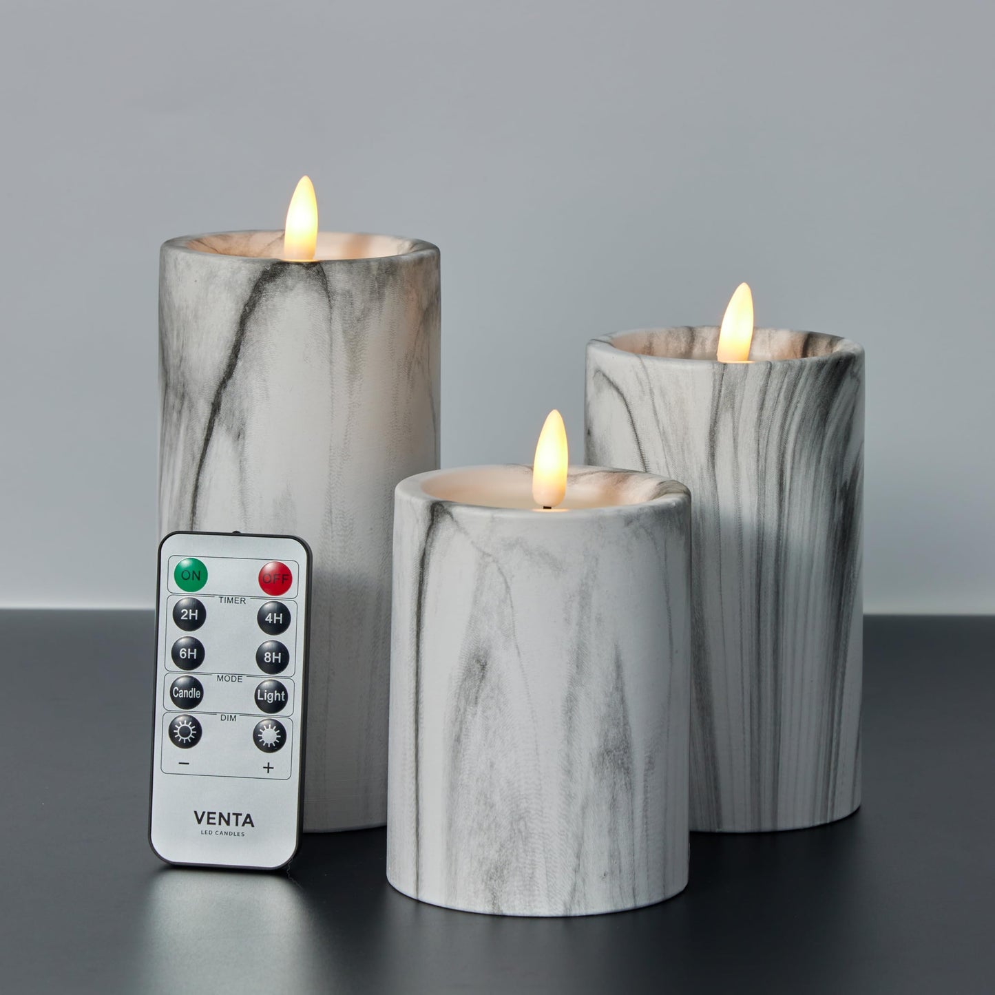 VENTA Flickering Flameless Candles with Remote Control - Led Candles Battery Operated - Battery Operated Candle for Decoration Table, Timer & Dimmer Features, Set - 3Pcs (4",5",6") (Marble)