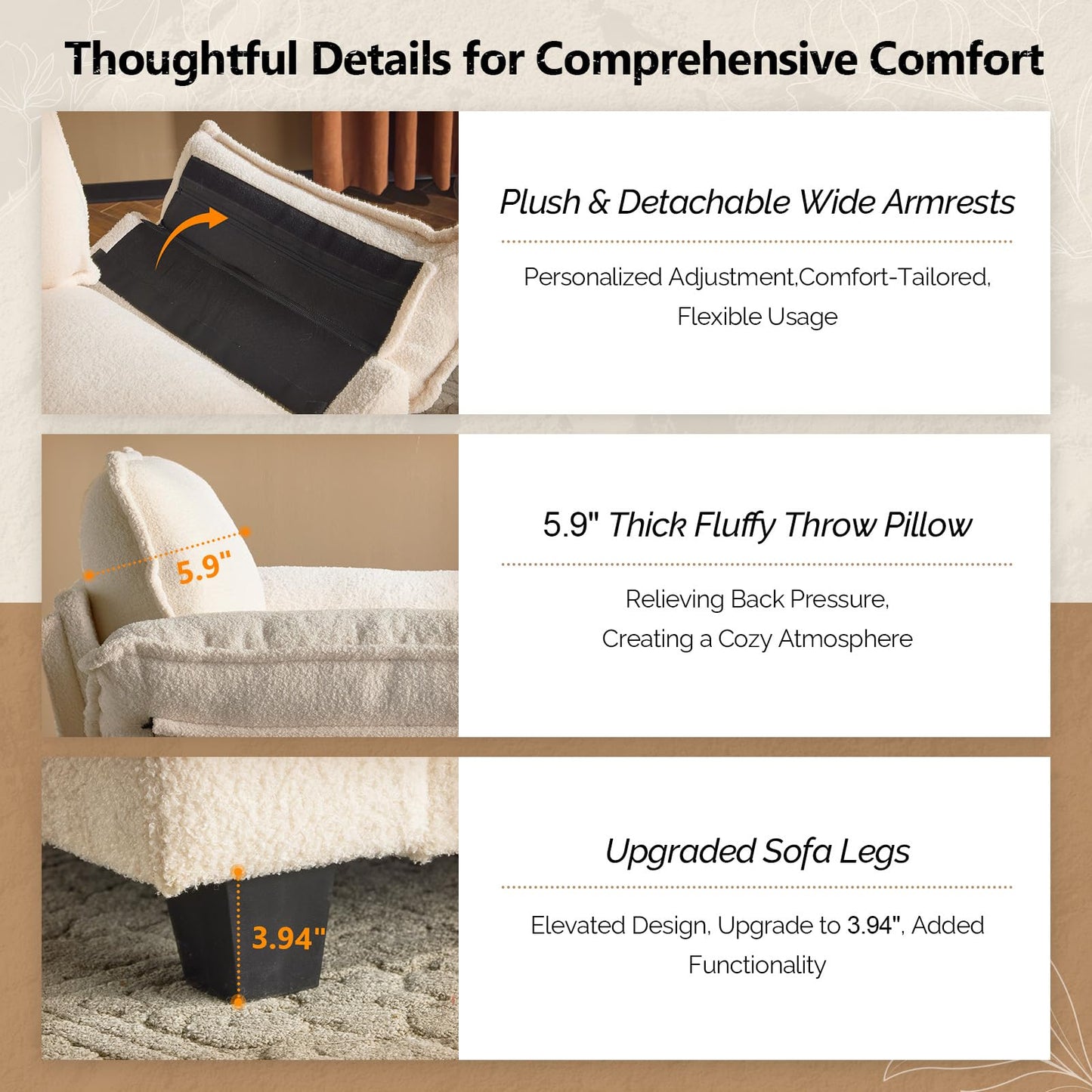 VINGLI Oversized Sofa Chair and a Half with Deep Seat & Movable 2-Layer Ottoman Set, Comfy Cloud Sofa Bed with Chaise, 1-Seater Modular Sectional Sleeper Couch for Living Room, Teddy-Fleece, Beige