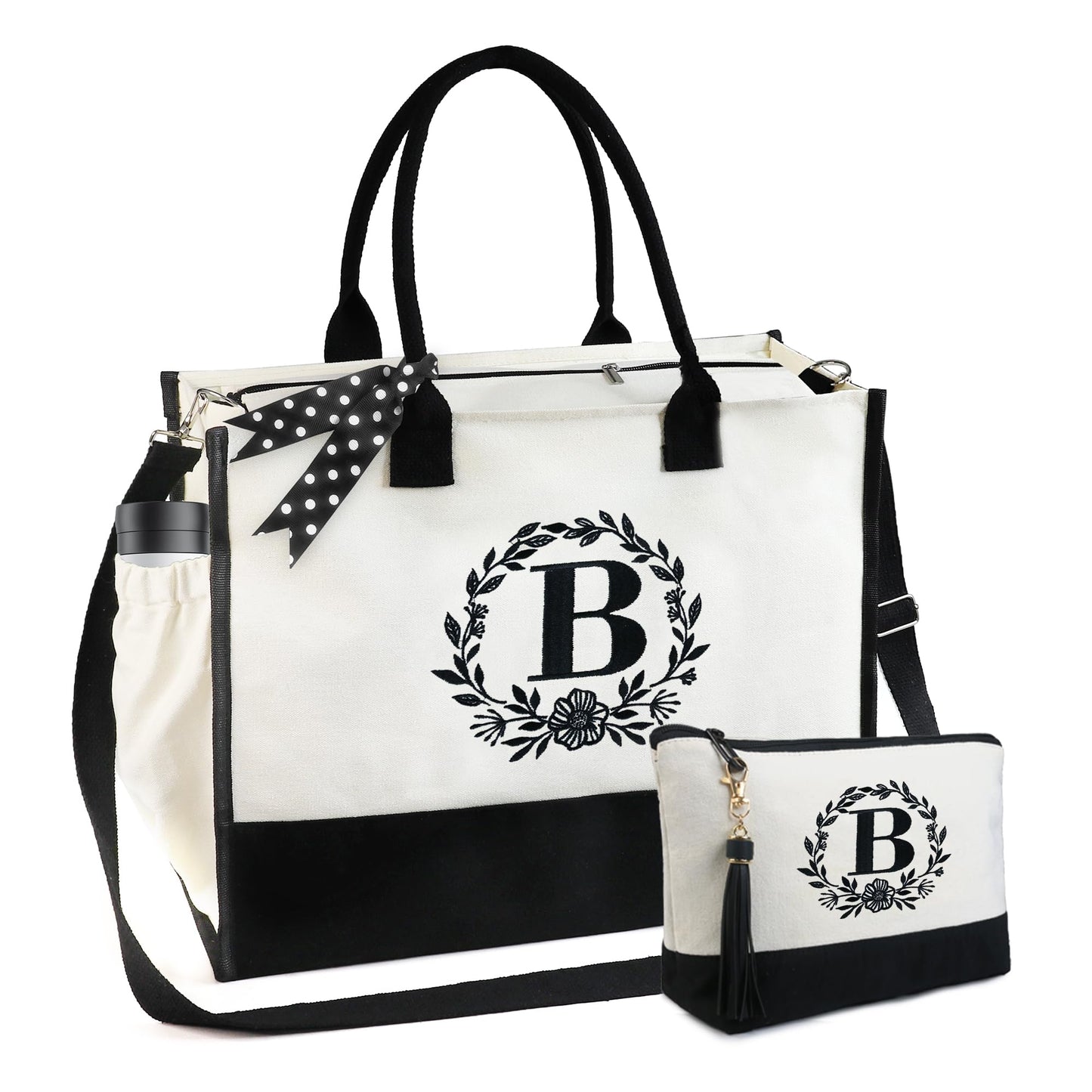 BeeGreen Gifts for Women, Initial Tote Bag for Her Mother Coworkes Teacher, Personalized Birthday Bags with Make-up Bag, Large Canvas Totes with Zipper and Shoulder Straps Letter S