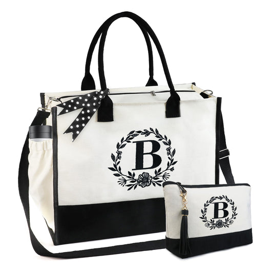 BeeGreen Gifts for Women, Initial Tote Bag for Her Mother Coworkes Teacher, Personalized Birthday Bags with Make-up Bag, Large Canvas Totes with Zipper and Shoulder Straps Letter S