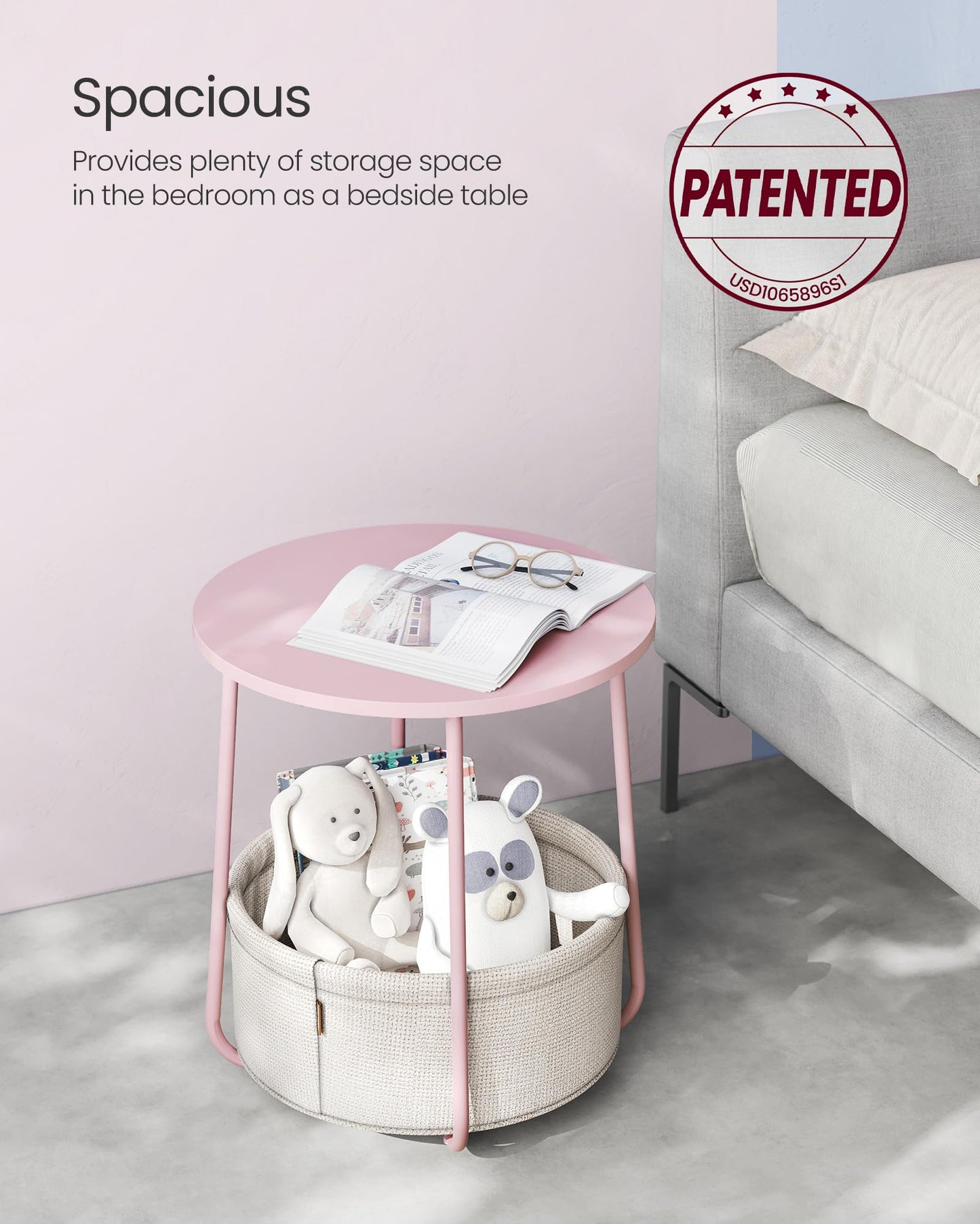VASAGLE Small Round Side End Table, Modern Nightstand with Fabric Basket, Jelly Pink and Cream White ULET223R61