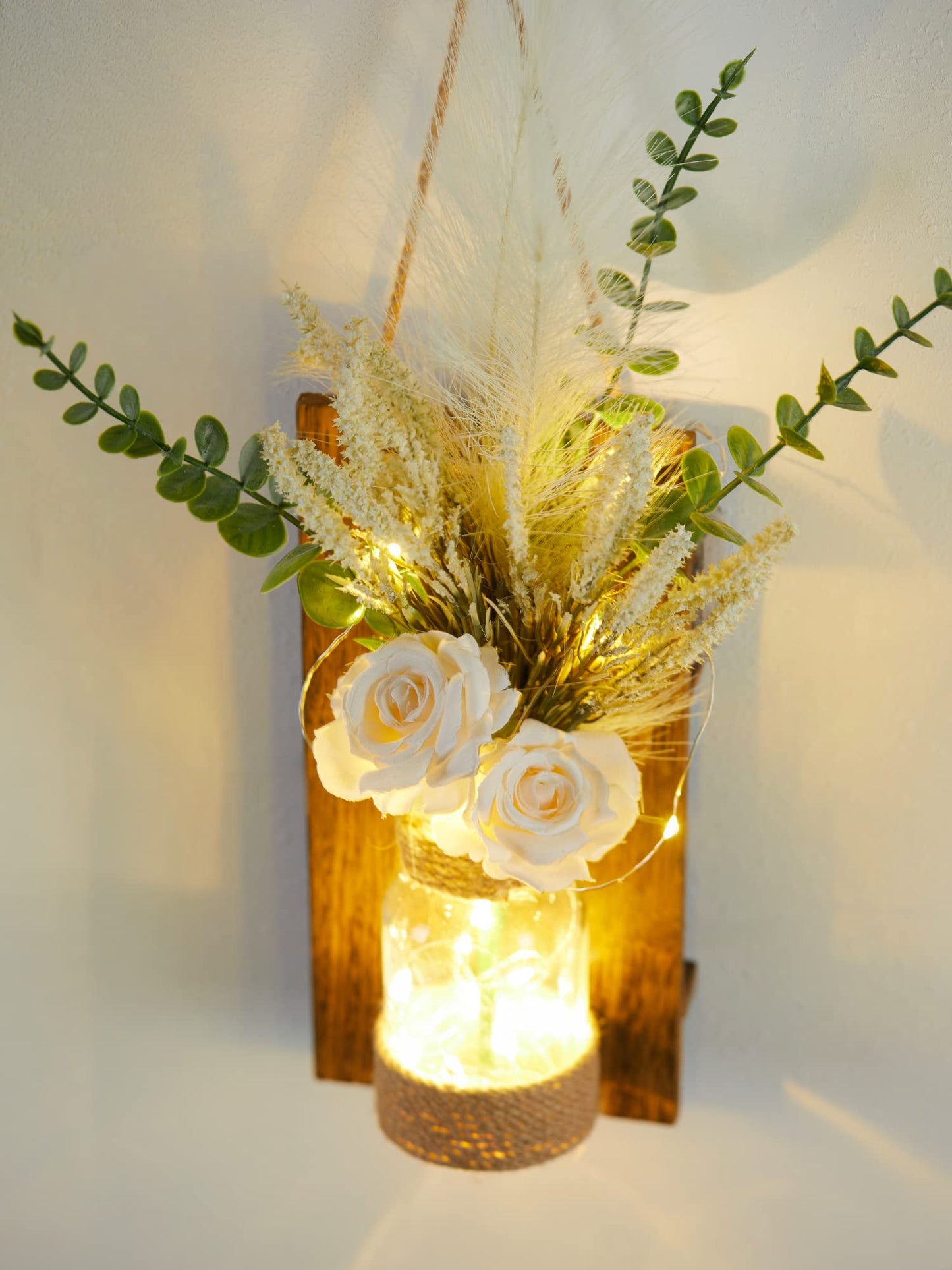 Anna's Whimsy 2PACK Mason Jar Sconce Wall Decor Rustic with Remote Control LED Fairy Lights - Artificial Flowers Spring Decorations for Home Bedroom Farmhouse(White Rose)