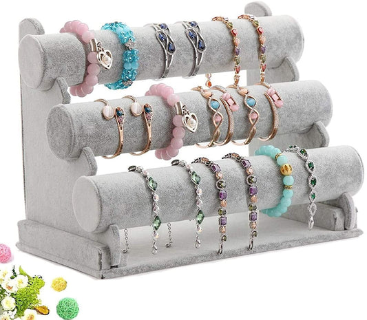 Wudygirl Triple Bracelet Holder Velvet Jewelry Display Stand Watch Bangle Bar Necklace Storage Organizer Gray (Ice Velvet 3 Tier)