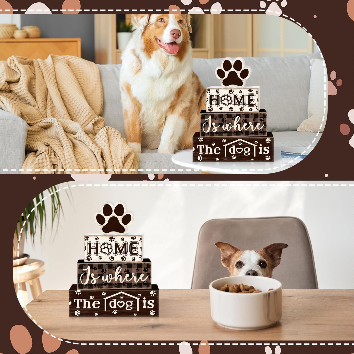 TOMPOP 4 Pcs Farmhouse Dog Wooden Tiered Tray Decor Set, Rustic Home Dog Wood Table Decor Dog Paw Distressed Stack Block Signs Tabletop Centerpieces for Home Desk Kitchen Shelf Mantle Decorations