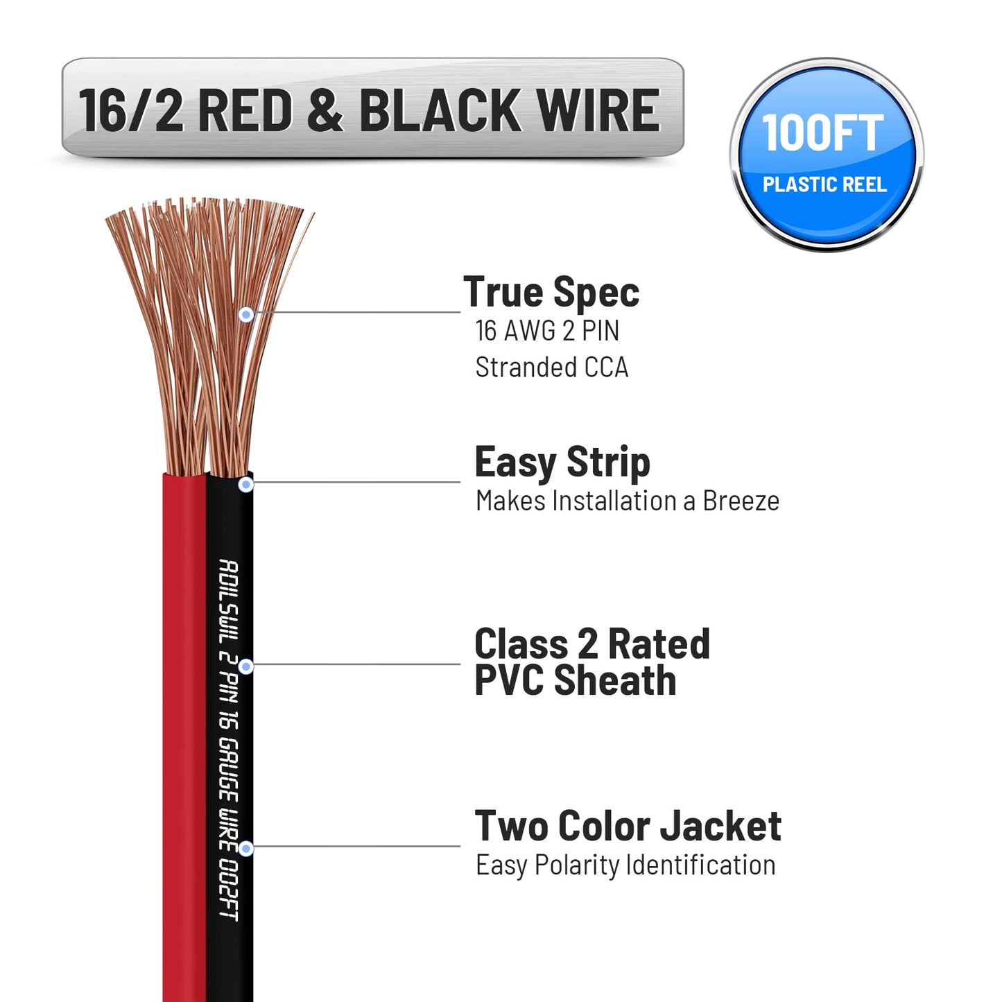 16AWG 100FT Speaker Wire, 2 Conductors Electrical Red Black Cable Hookup LED Lighting Strips Flexible Wire Extension Cord 16 Gauge Copper Clad Aluminum Copper Wire 12V/24V DC Cable