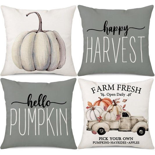 Gujiahone Fall Throw Pillow Covers 18x18 Inches Set of 4 for Fall Decor Gray Pumpkin Truck Happy Harvest Farmhouse Decorative Thanksgiving Autumn Cushion Covers for Sofa Couch