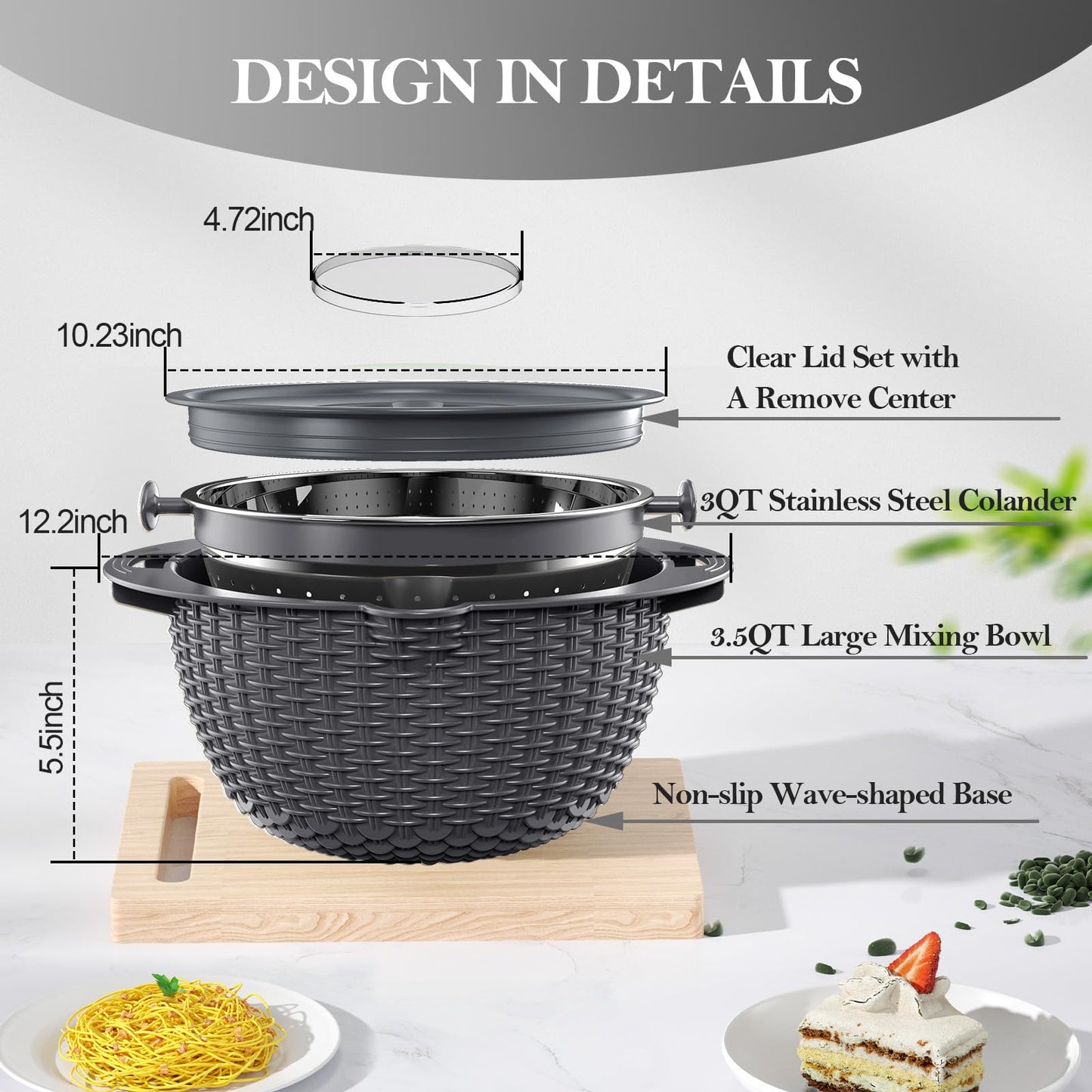 4-in-1 Colander with Bowl Set – Food Strainers and Colanders - Stainless Steel Rotatable Strainer for Fruits & Veggies – Pasta Strainer - Kitchen Essentials - Grey