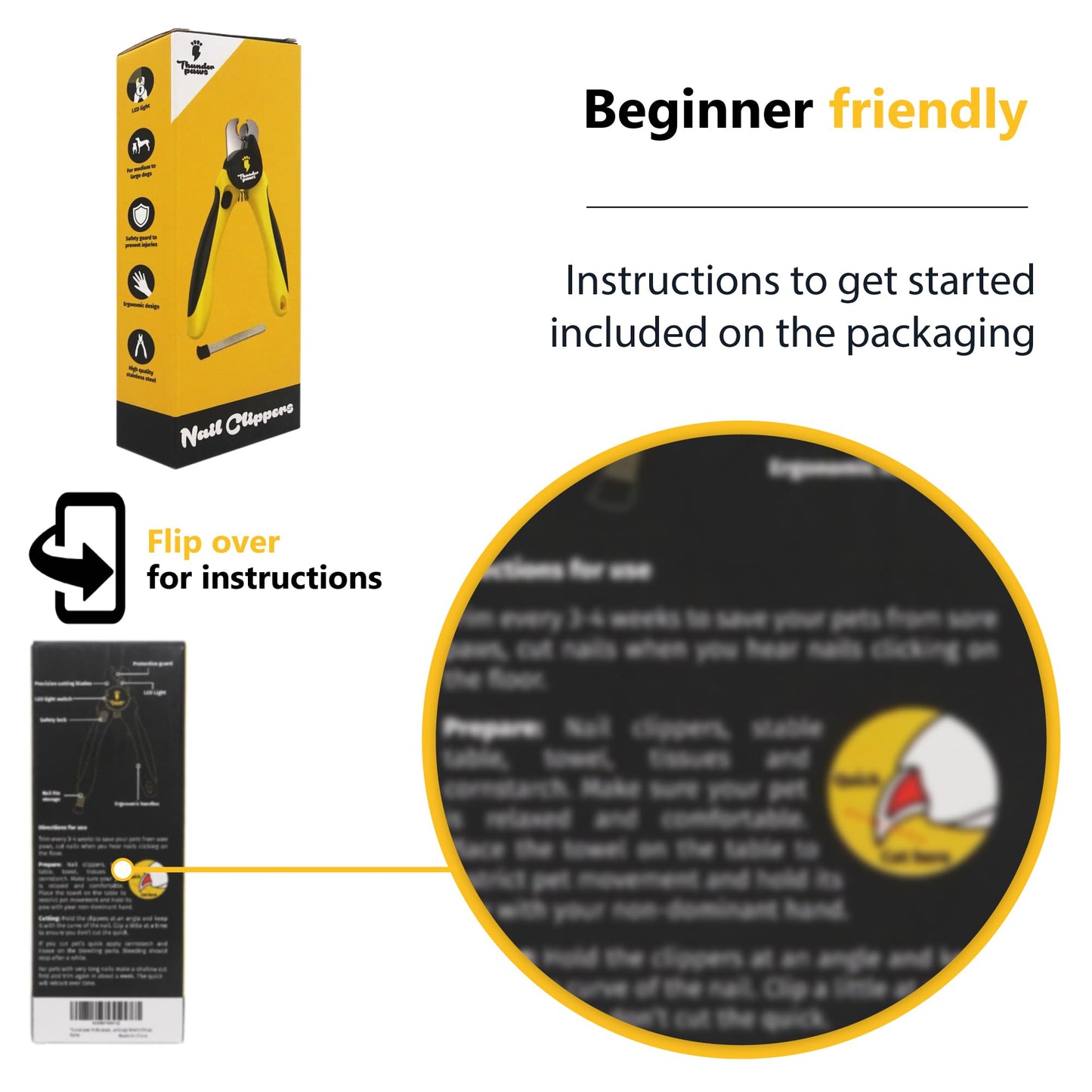 Thunderpaws LED Dog Nail Clippers with Light, Trimmers with Protective Guard, Quick Sensor, Safety Lock and Nail File - Suitable for Large and Small Dogs & Cats (Yellow, LED)